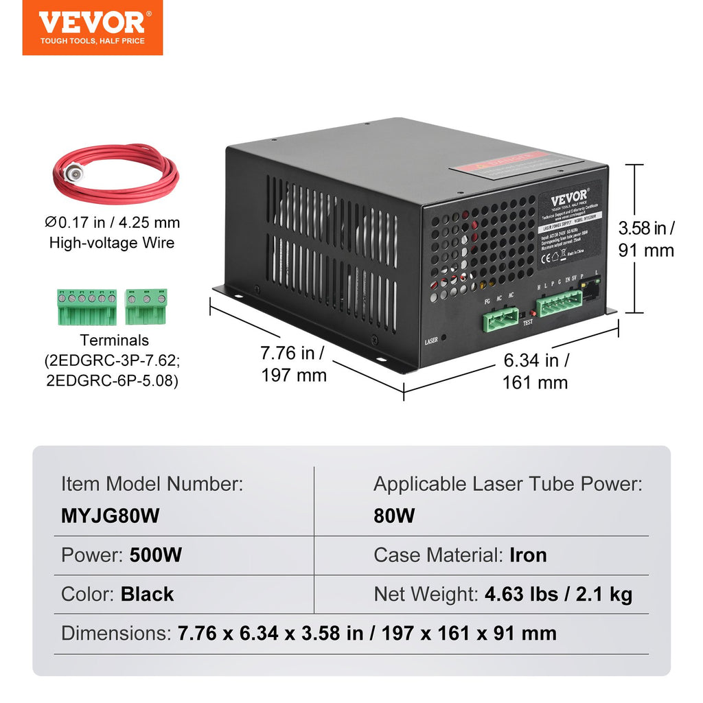 CO2 Laser Power Supply, 80W, Power Supply for 80W Laser Tube, Constant Current Protection, Open Circuit Protection, Fast Heat Dissipation, Compatible for Multi-brand Laser Engravers & Cutters
