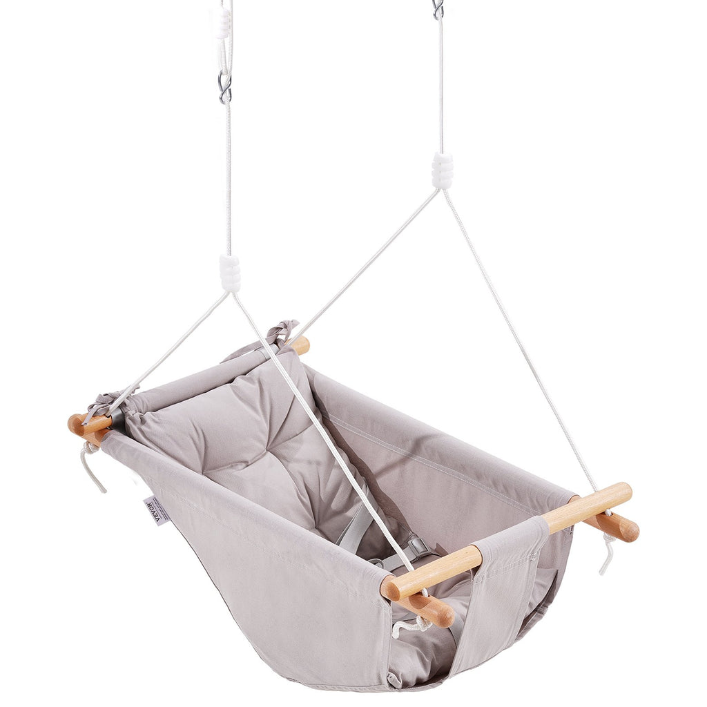 Canvas Hammock Swing, 3 Modes Baby Swing Indoor and Outdoor with 5-Point Harness, and Tree Straps, 150lbs Weight Capacity, Integrated Cushion, Wooden Hanging Swing Seat for Baby to Toddler