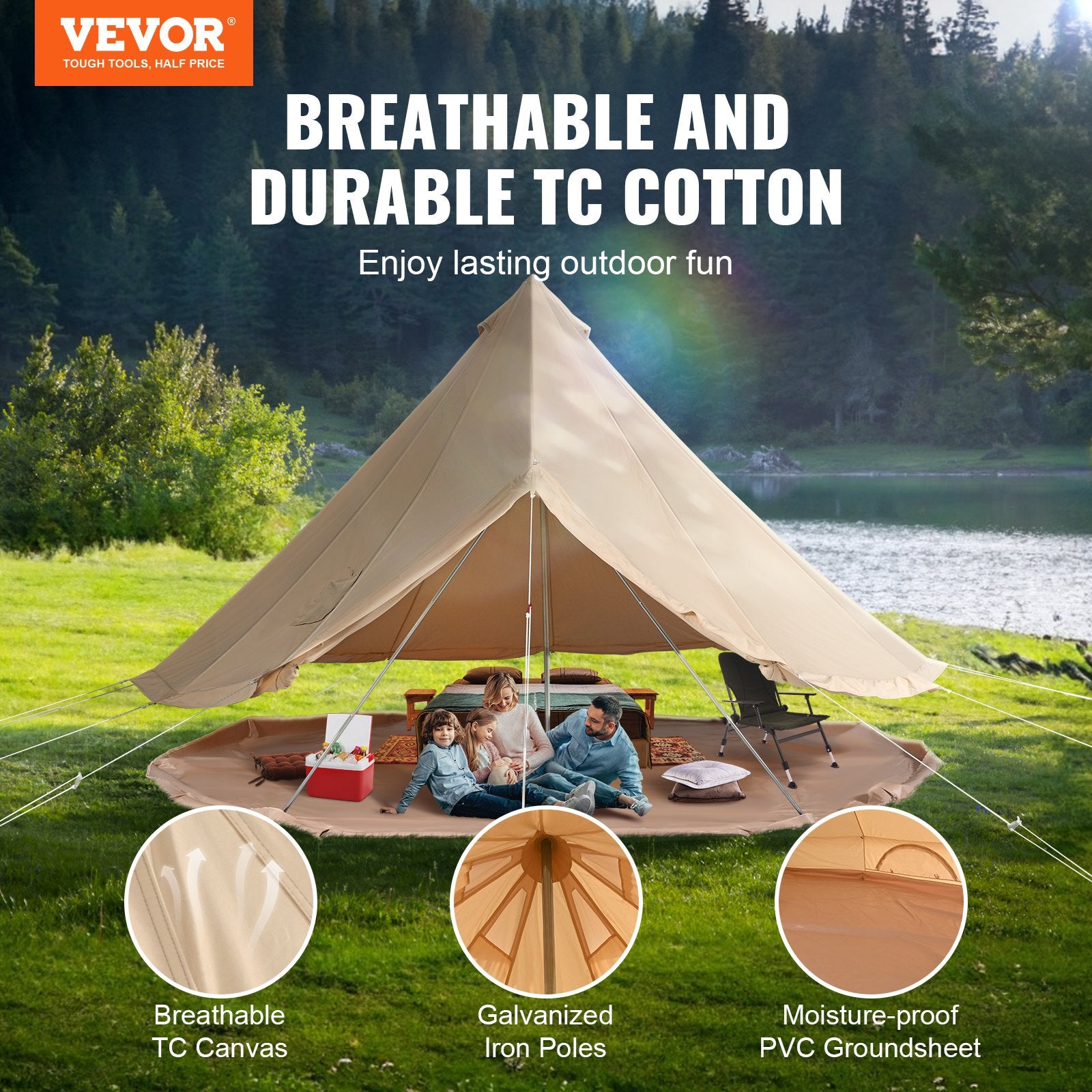 Canvas Bell Tent 4m/13.12ft 4-Season Camping Yurt Tent with Stove Jack