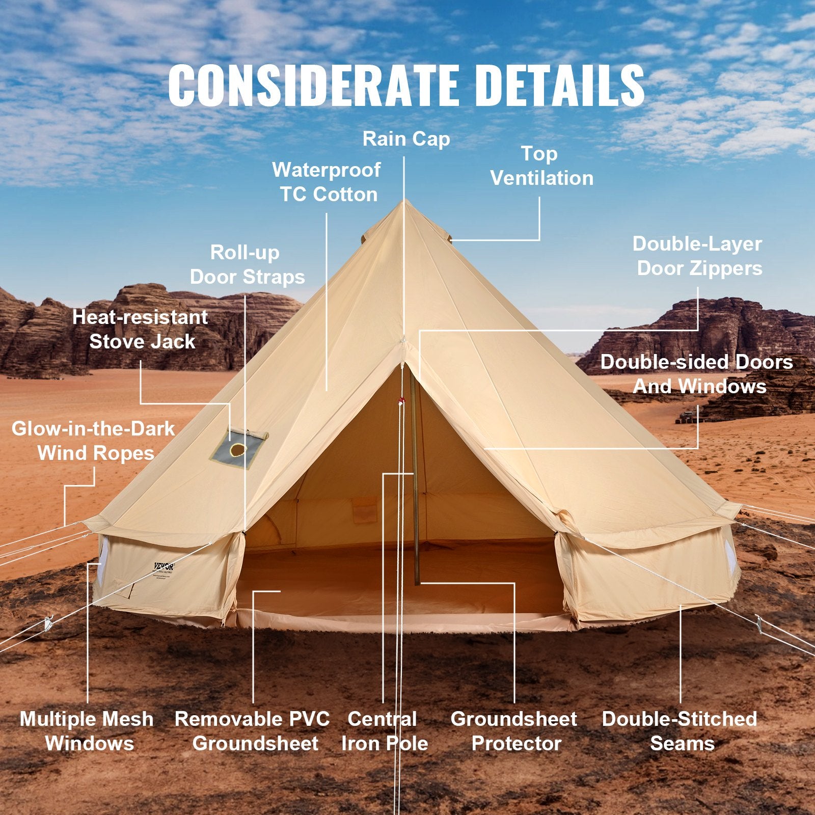 Canvas Bell Tent 4m/13.12ft 4-Season Camping Yurt Tent with Stove Jack