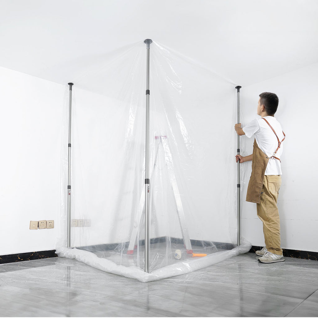 Dust Barrier Poles, 10 Ft Barrier Poles, Dust Barrier System with 4 Telescoping Poles, Magnetic Zipper, Carry Bag and 32.8x13.12 Ft Plastic Film, for Interior Decoration, Painting