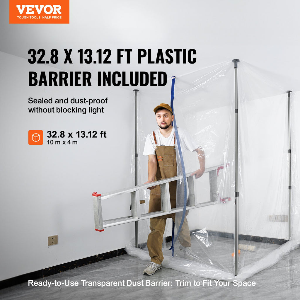 Dust Barrier Poles, 12 Ft Barrier Poles, Dust Barrier System with 4 Telescoping Poles, Magnetic Zipper, Carry Bag and 32.8x13.12 Ft Plastic Film, for Interior Decoration, Painting