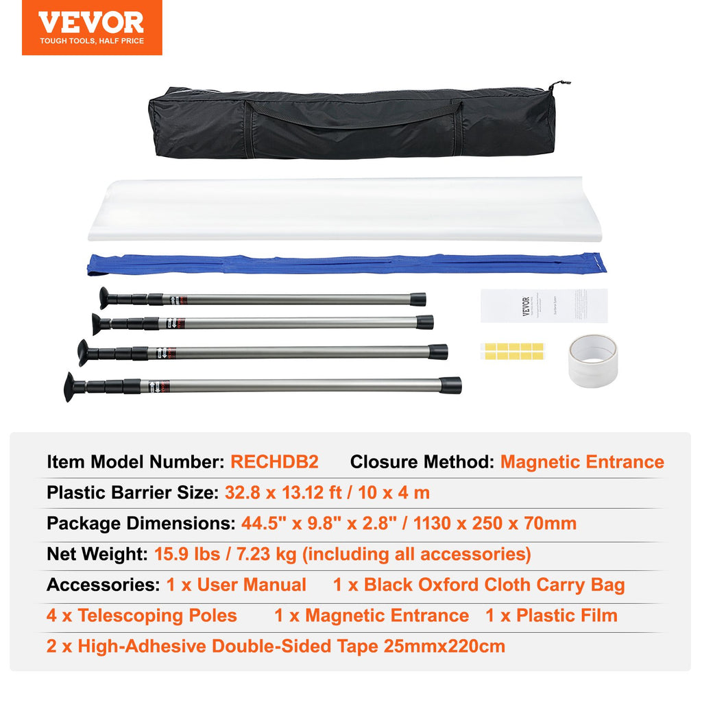Dust Barrier Poles, 12 Ft Barrier Poles, Dust Barrier System with 4 Telescoping Poles, Magnetic Zipper, Carry Bag and 32.8x13.12 Ft Plastic Film, for Interior Decoration, Painting