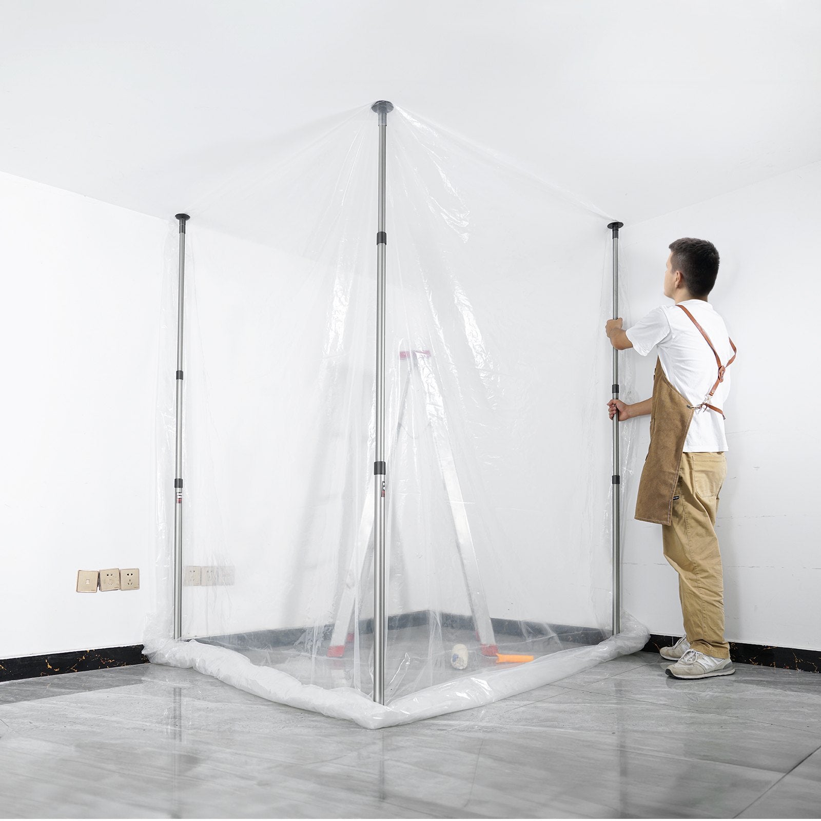 Dust Barrier Poles, 12 Ft Barrier Poles, Dust Barrier System with 4 Telescoping Poles, Magnetic Zipper, Carry Bag and 32.8x13.12 Ft Plastic Film, for Interior Decoration, Painting