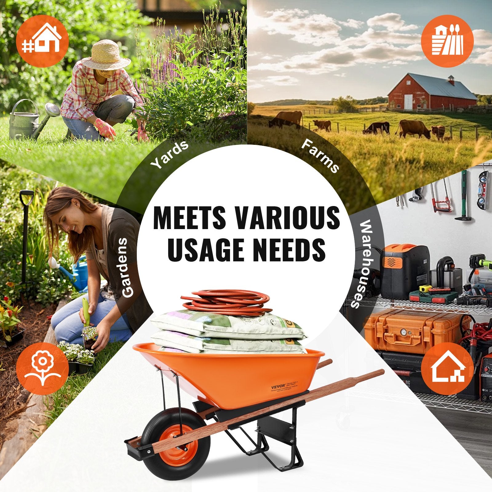 Wheelbarrow Cart One Wheel 6 Cu Ft Garden Dump Cart 330 lbs Utility Cart