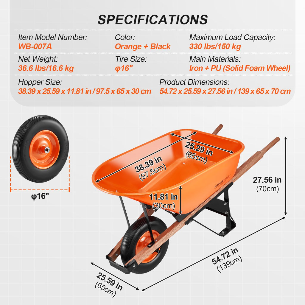 Wheelbarrow Cart One Wheel 6 Cu Ft Garden Dump Cart 330 lbs Utility Cart