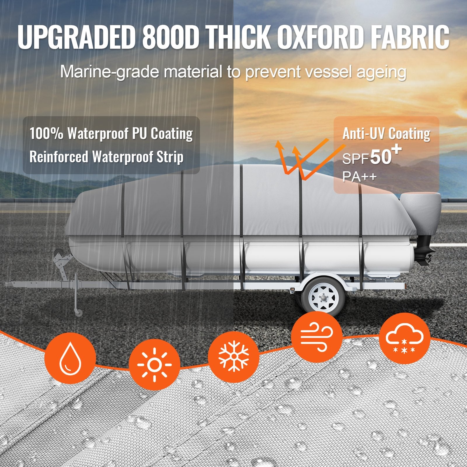Pontoon Boat Cover 800D Waterproof Trailerable 19-20 ft with Storage Bag