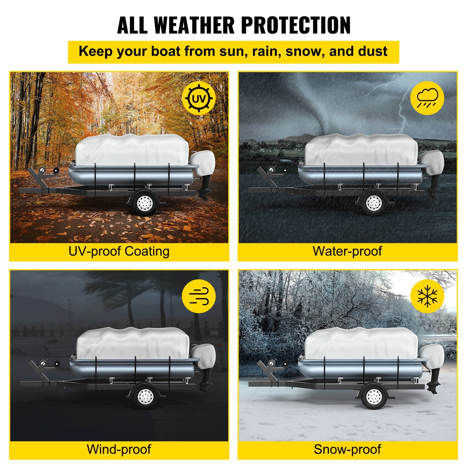Pontoon Boat Cover, Fit for 17\'-20\' Boat, Heavy Duty 600D Marine Grade Oxford Fabric, UV Resistant Waterproof Trailerable Boat Cover with 2 Support Poles and 7 Wind-Proof Straps, Gray