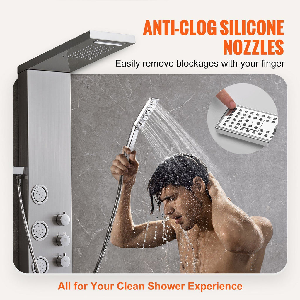 Shower Panel System, 4 Shower Modes Shower Panel Tower, Rainfall, Waterfall, 5 Full Body Massage Jets and 3-Setting Handheld Shower Head with 59" Hose, Stainless Steel Wall-Mounted Shower Set
