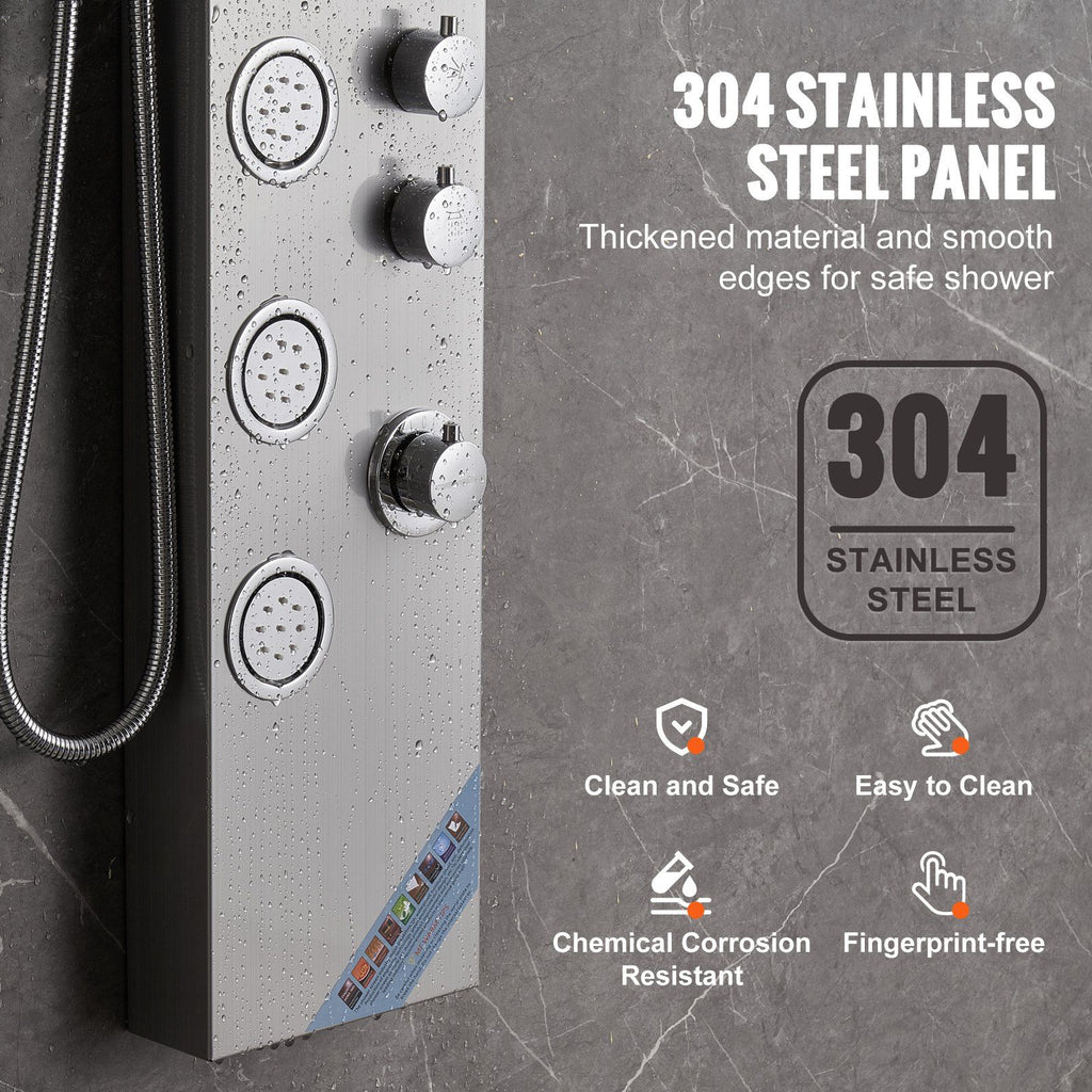 Shower Panel System, 4 Shower Modes Shower Panel Tower, Rainfall, Waterfall, 5 Full Body Massage Jets and 3-Setting Handheld Shower Head with 59" Hose, Stainless Steel Wall-Mounted Shower Set