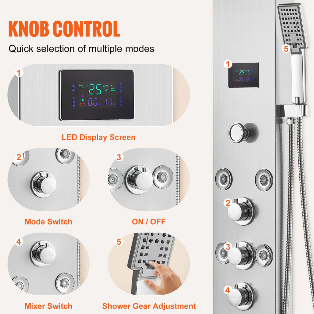 Shower Panel System, 6 Shower Modes, LED & Screen Hydroelectricity Shower Panel Tower, Rainfall, Waterfall, 8 Massage Jets, Tub Spout, Handheld Shower, Stainless Steel Wall-Mounted Shower Set