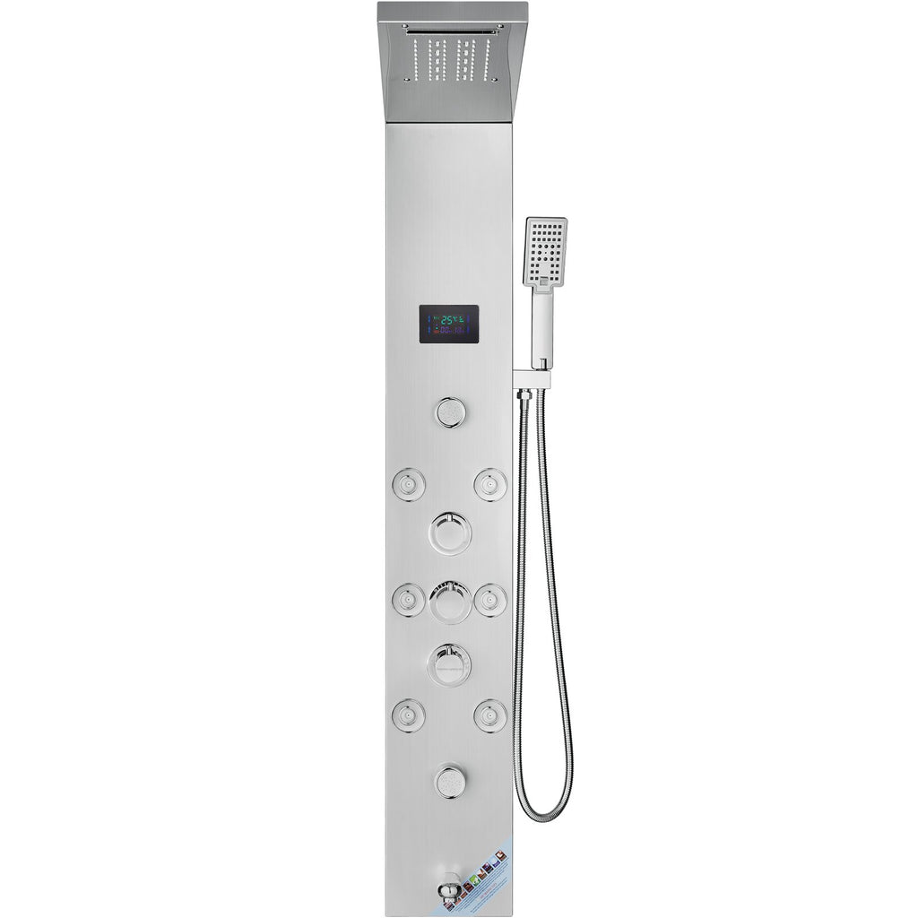 Shower Panel System, 6 Shower Modes, LED & Screen Hydroelectricity Shower Panel Tower, Rainfall, Waterfall, 8 Massage Jets, Tub Spout, Handheld Shower, Stainless Steel Wall-Mounted Shower Set