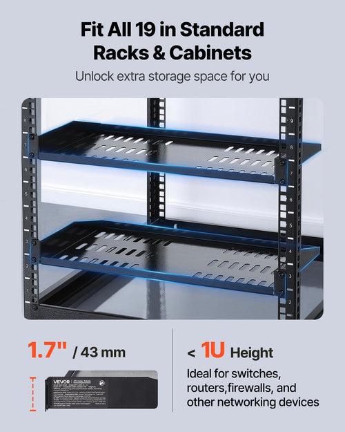 1U Server Rack Shelf, 4 PCS, 22.68 kg Max Load-Bearing Vented Cantilever, Wall Mount or Rack Mount Shelf with Tray, 254 mm Depth, Good Air Circulation for Cabinet Computer Network Equipment