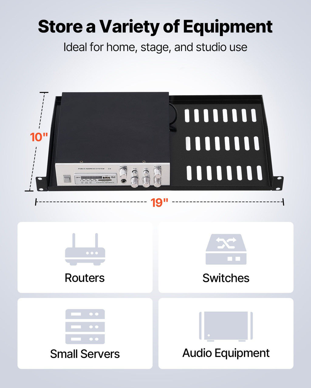 1U Server Rack Shelf, 4 PCS, 22.68 kg Max Load-Bearing Vented Cantilever, Wall Mount or Rack Mount Shelf with Tray, 254 mm Depth, Good Air Circulation for Cabinet Computer Network Equipment