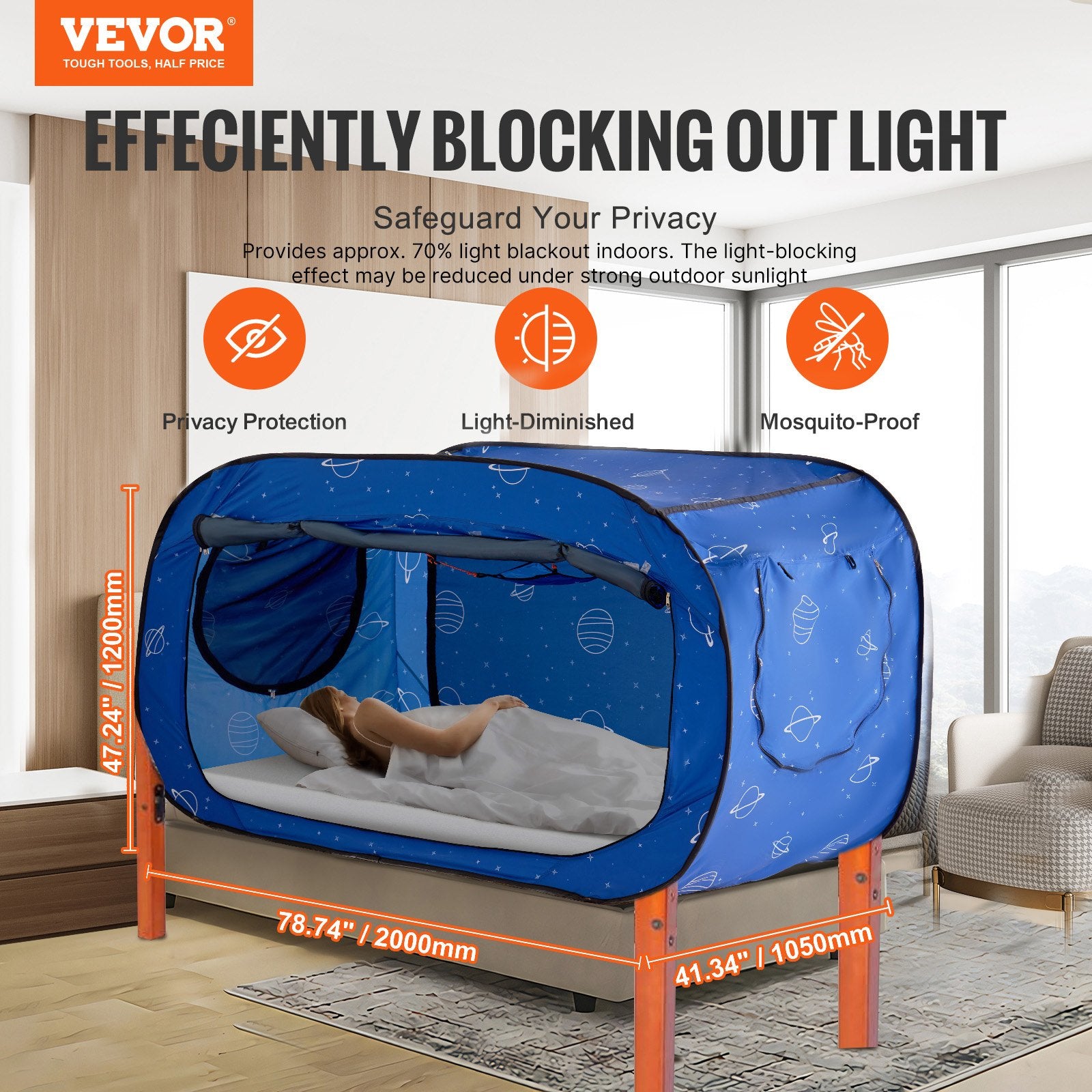 Bed Tent, Pongee Fabric, 2 Doors Breathable Dream Tent with 8.5 mm Fiber Poles on Bed Privacy, Full Size Block out Light Sleeping Bed Canopy, Fit for Kids Playhouse and Adults Sleeping Tent