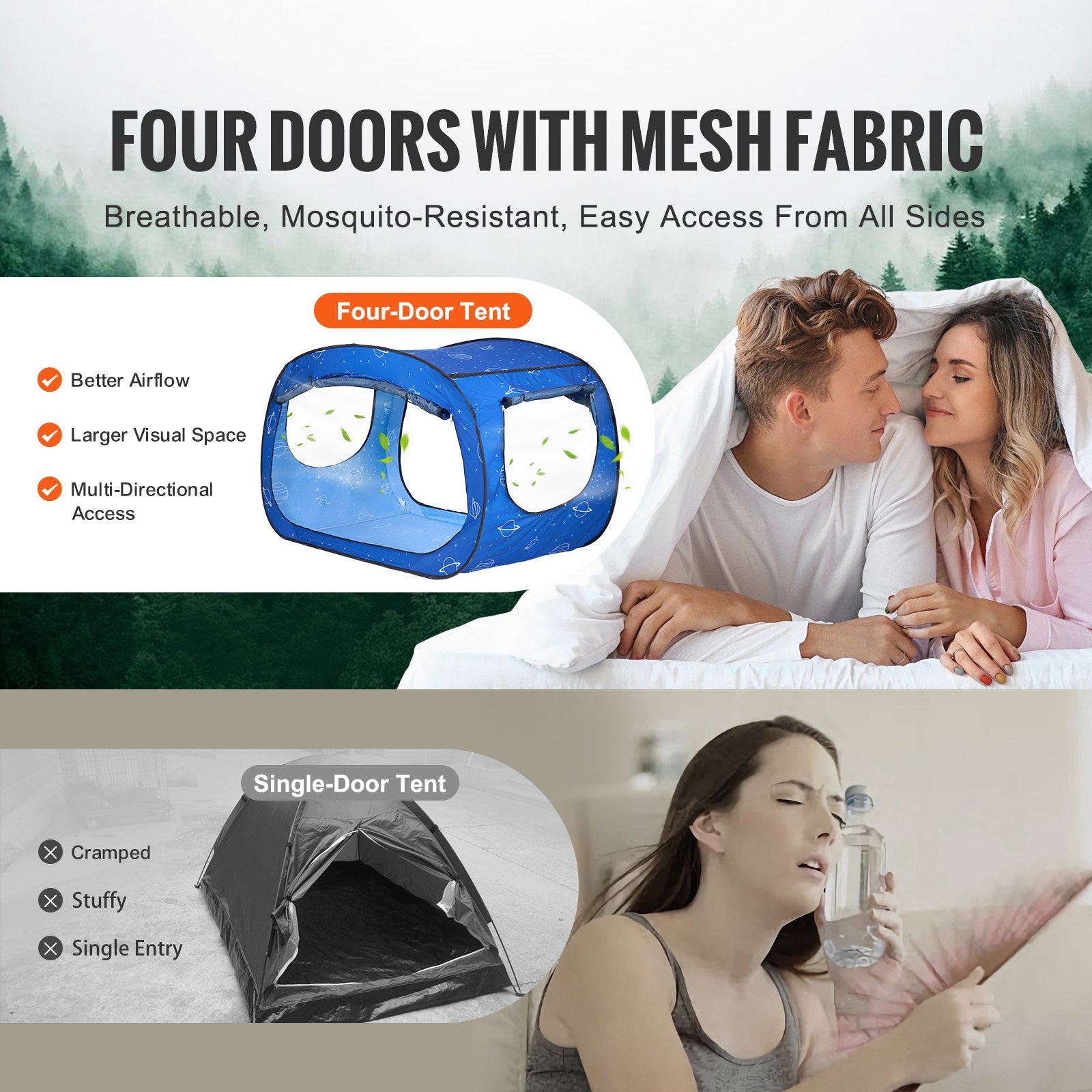 Bed Tent, Pongee Fabric, 2 Doors Breathable Dream Tent with 8.5 mm Fiber Poles on Bed Privacy, Full Size Block out Light Sleeping Bed Canopy, Fit for Kids Playhouse and Adults Sleeping Tent