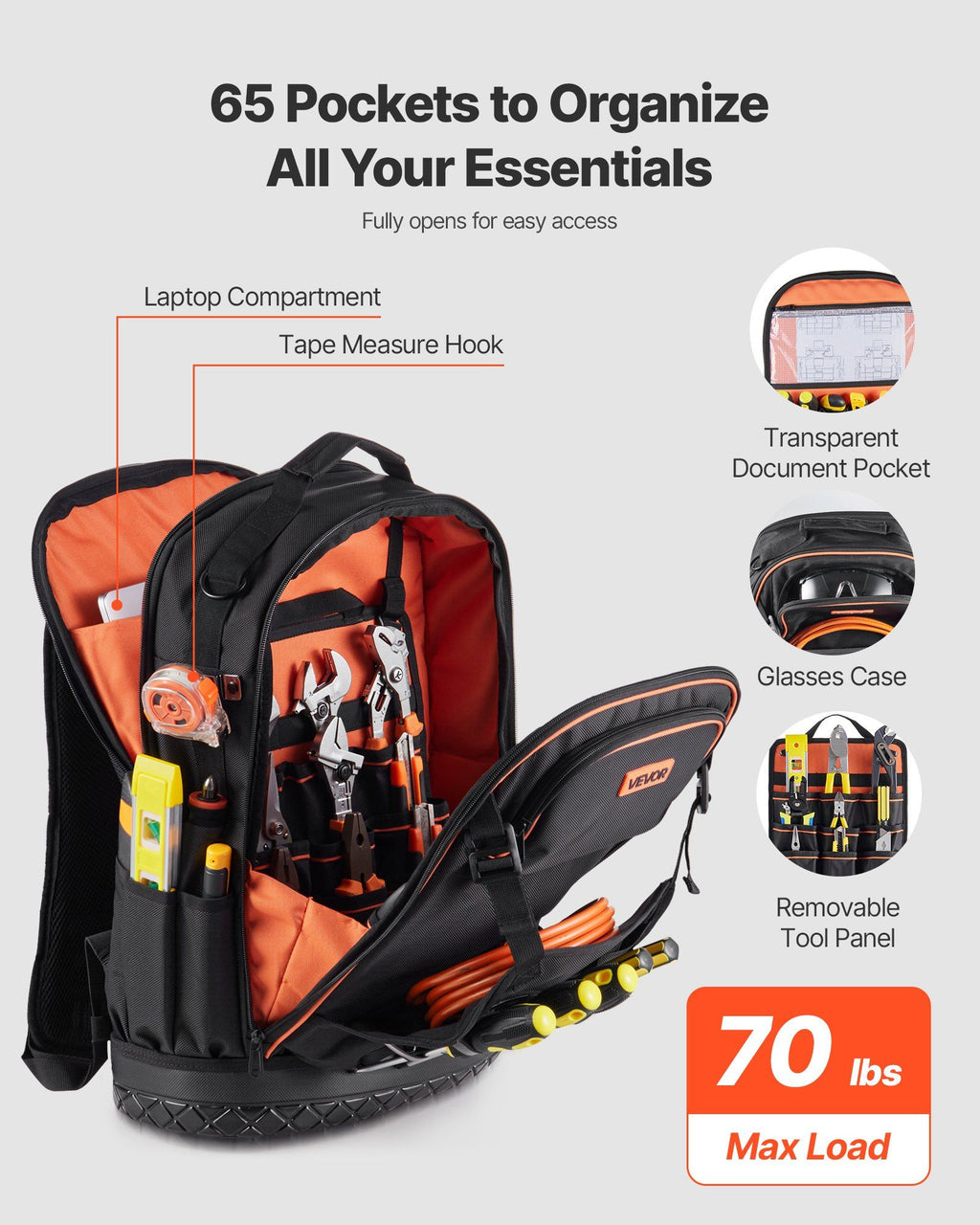 Tool Backpack with Tools, 65 Pockets, Heavy-duty Tools Storage Organizer Bags with Laptop Compartment & Molded Base, Electrician Jobsite Backpack for Electrician, Repairman, and HVAC Techs