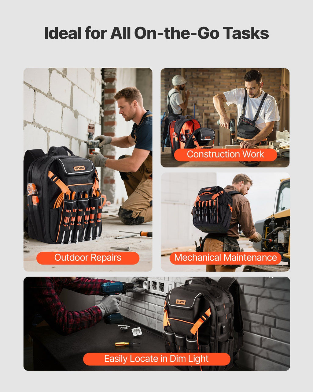 Tool Backpack, 45 Pockets, Heavy-duty Tools Storage Organizer Work Bags with Laptop Compartment & Reinforced Fabric Basee, Electrician Jobsite Backpack for Electrician, Repairman