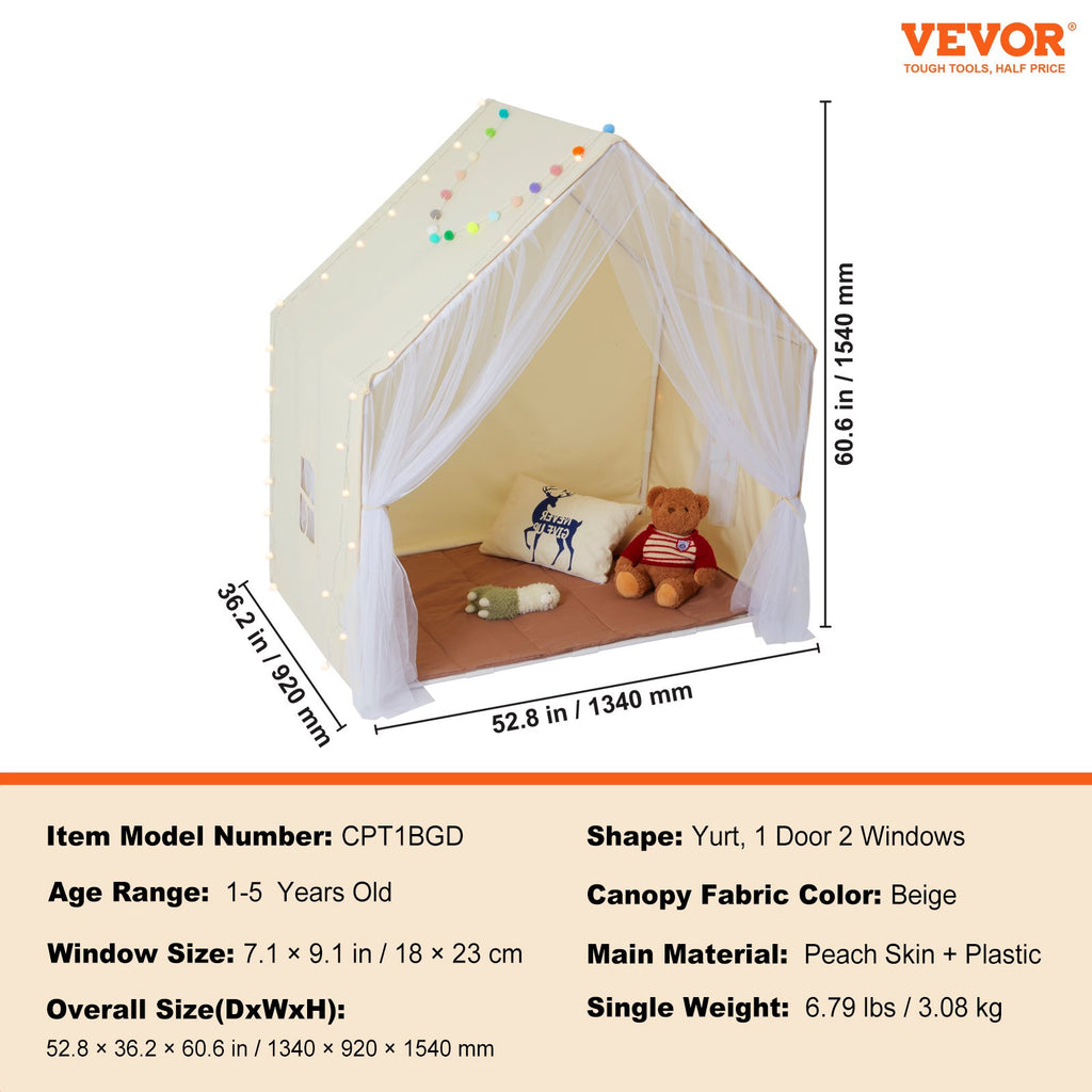 Kids Play Tent, Kids Tent for Kids 1-5 Years Old, Toddler Tent with Mat and Tent Lamp, Tent for Kids with Windows for Indoor and Outdoor, Yurt Tent for Boys and Girls, Beige
