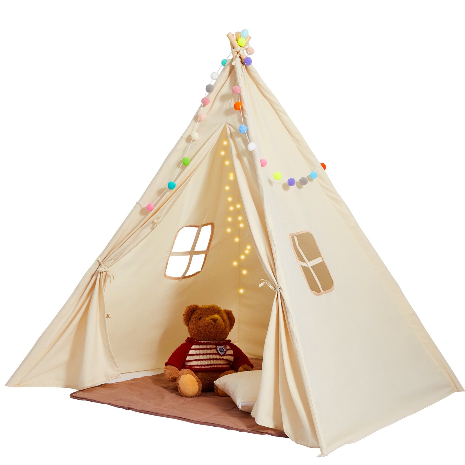 Kids Play Tent, Teepee Tent for Kids 1-5 Years Old, Toddler Tent with Mat and Plush Decorative Balls, Tent for Kids with Windows for Indoor and Outdoor, for Boys and Girls, Beige