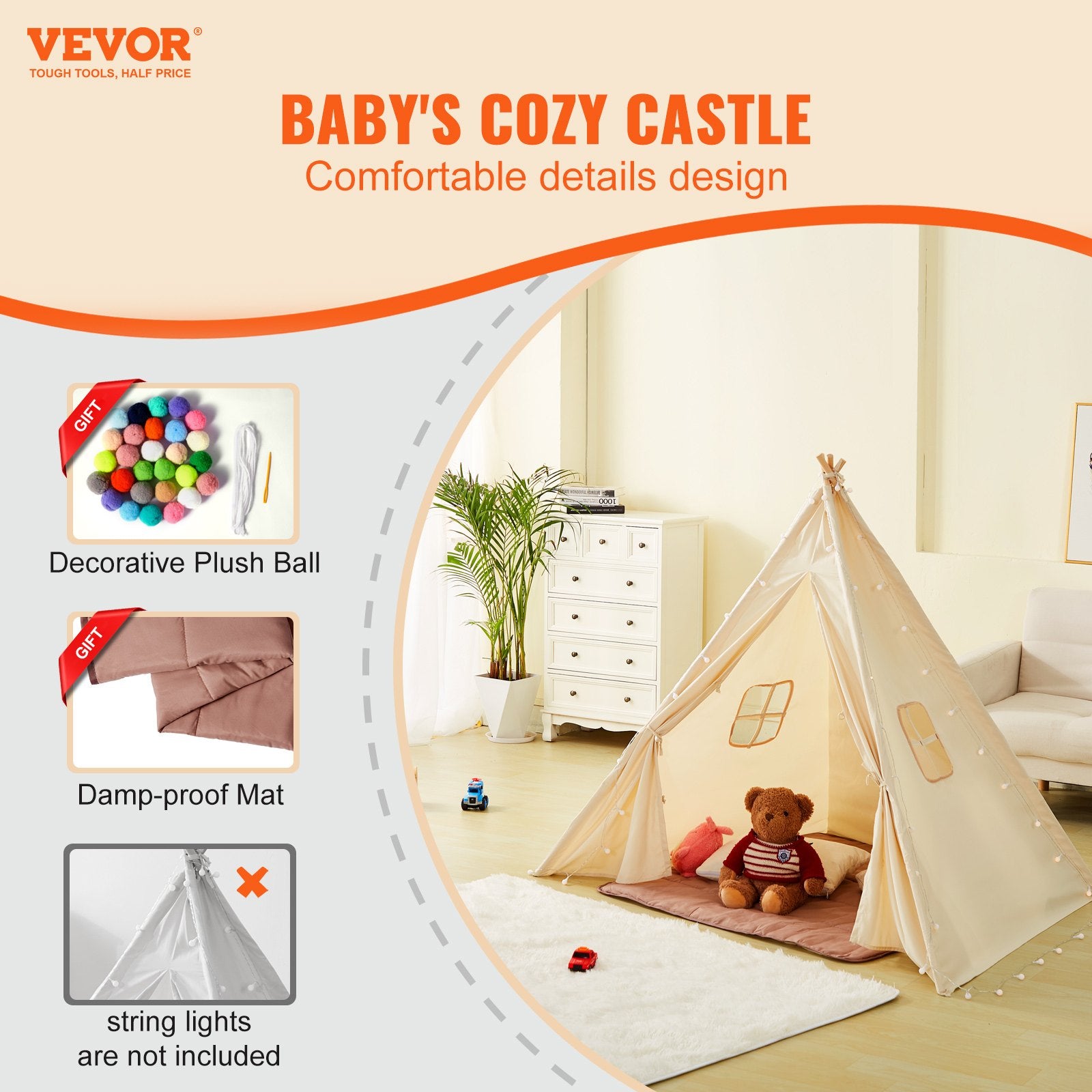 Kids Play Tent, Teepee Tent for Kids 1-5 Years Old, Toddler Tent with Mat and Plush Decorative Balls, Tent for Kids with Windows for Indoor and Outdoor, for Boys and Girls, Beige