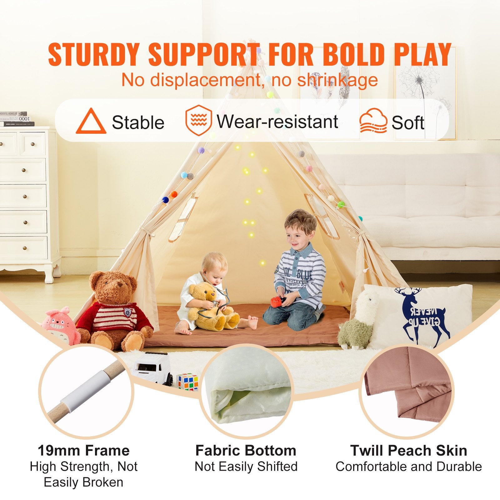 Kids Play Tent, Teepee Tent for Kids 1-5 Years Old, Toddler Tent with Mat and Plush Decorative Balls, Tent for Kids with Windows for Indoor and Outdoor, for Boys and Girls, Beige