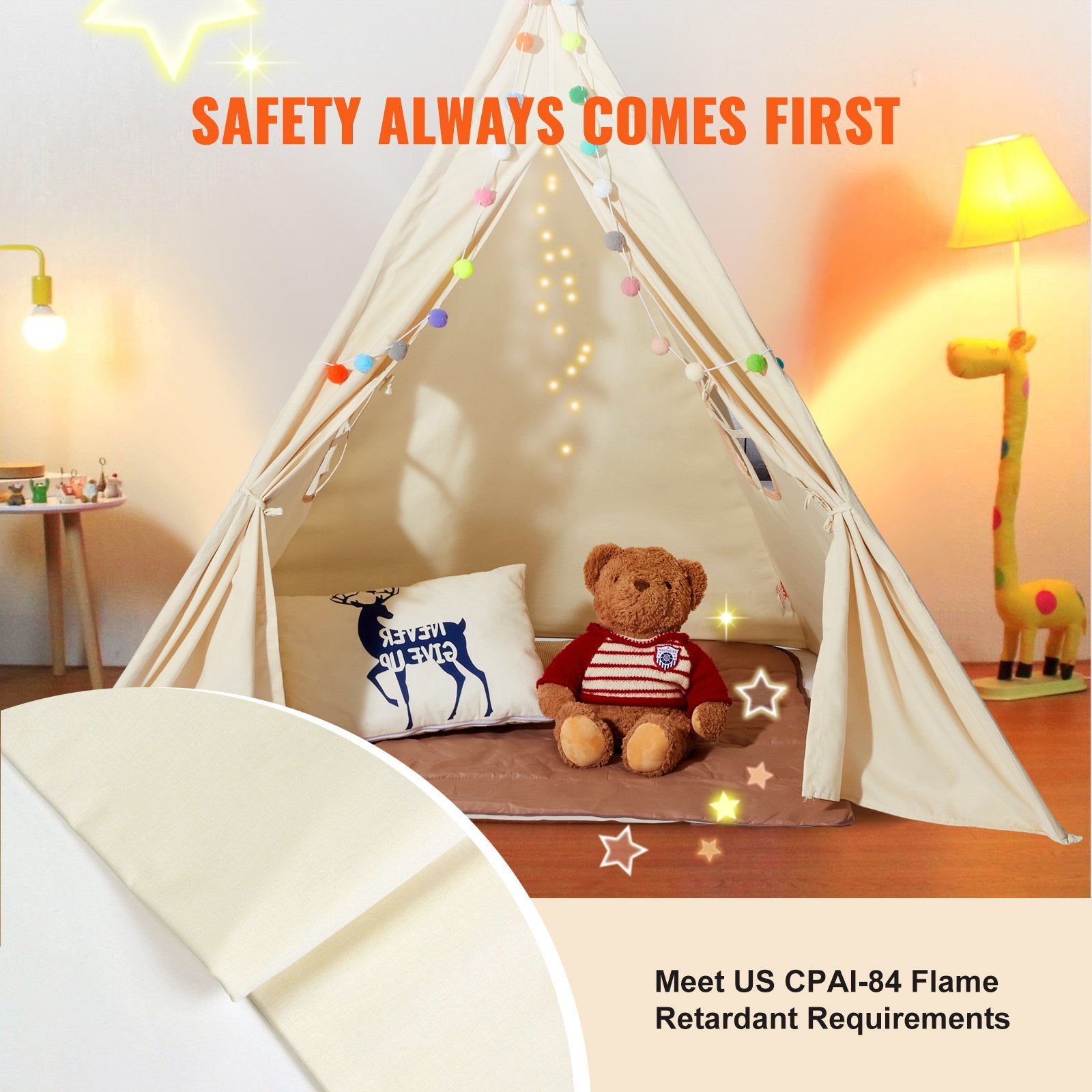 Kids Play Tent, Teepee Tent for Kids 1-5 Years Old, Toddler Tent with Mat and Plush Decorative Balls, Tent for Kids with Windows for Indoor and Outdoor, for Boys and Girls, Beige