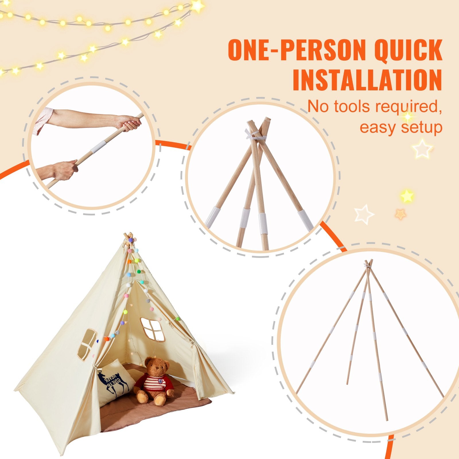 Kids Play Tent, Teepee Tent for Kids 1-5 Years Old, Toddler Tent with Mat and Plush Decorative Balls, Tent for Kids with Windows for Indoor and Outdoor, for Boys and Girls, Beige