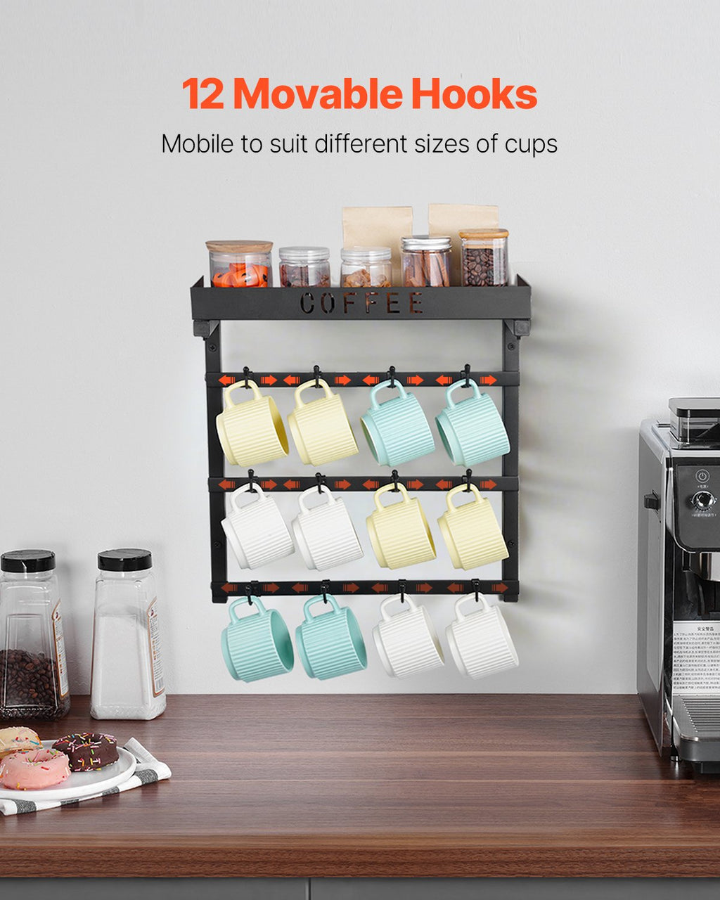 Coffee Mug Holder Wall Mounted w/ 12 Movable Hooks and Top Shelf Cup Rack