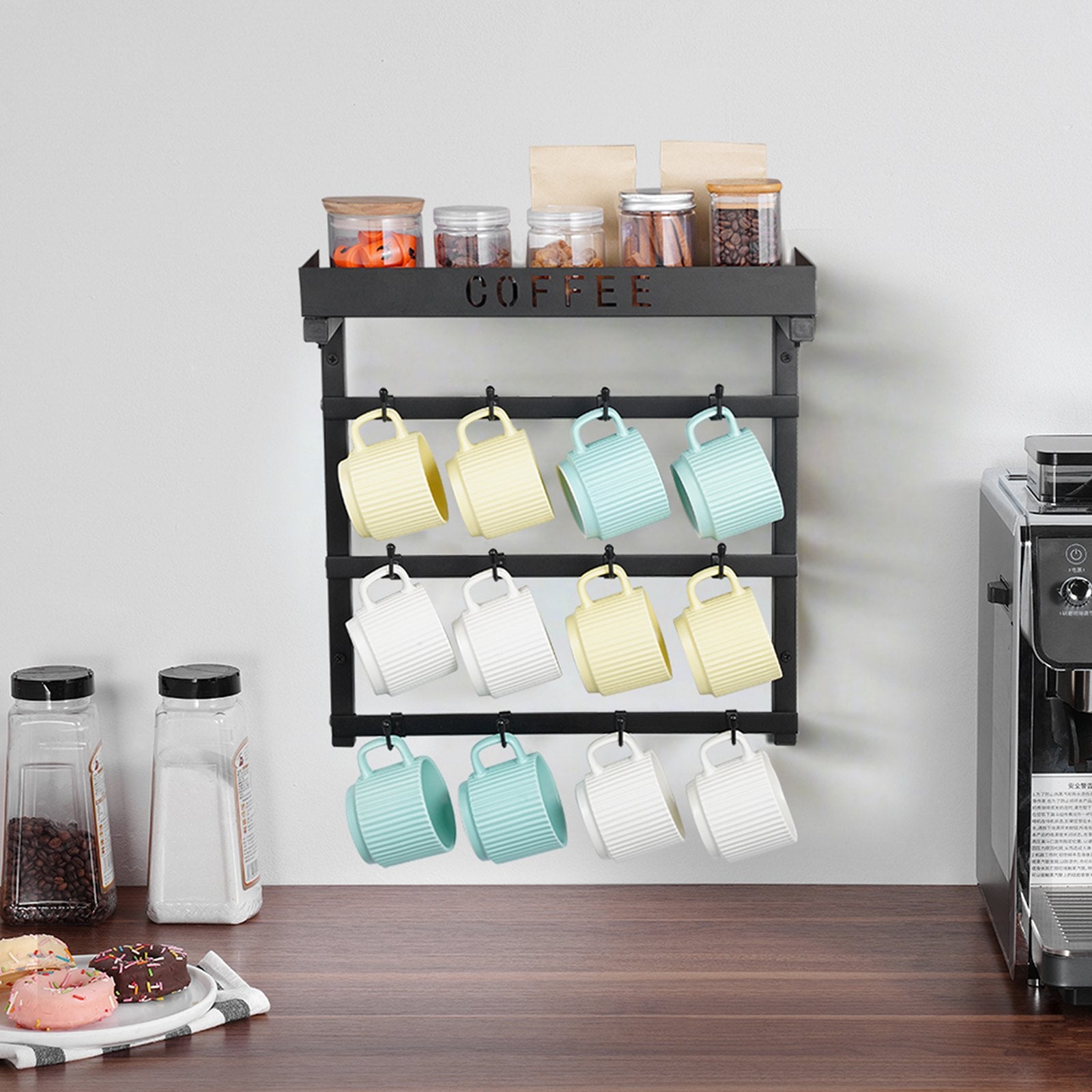 Coffee Mug Holder Wall Mounted w/ 12 Movable Hooks and Top Shelf Cup Rack