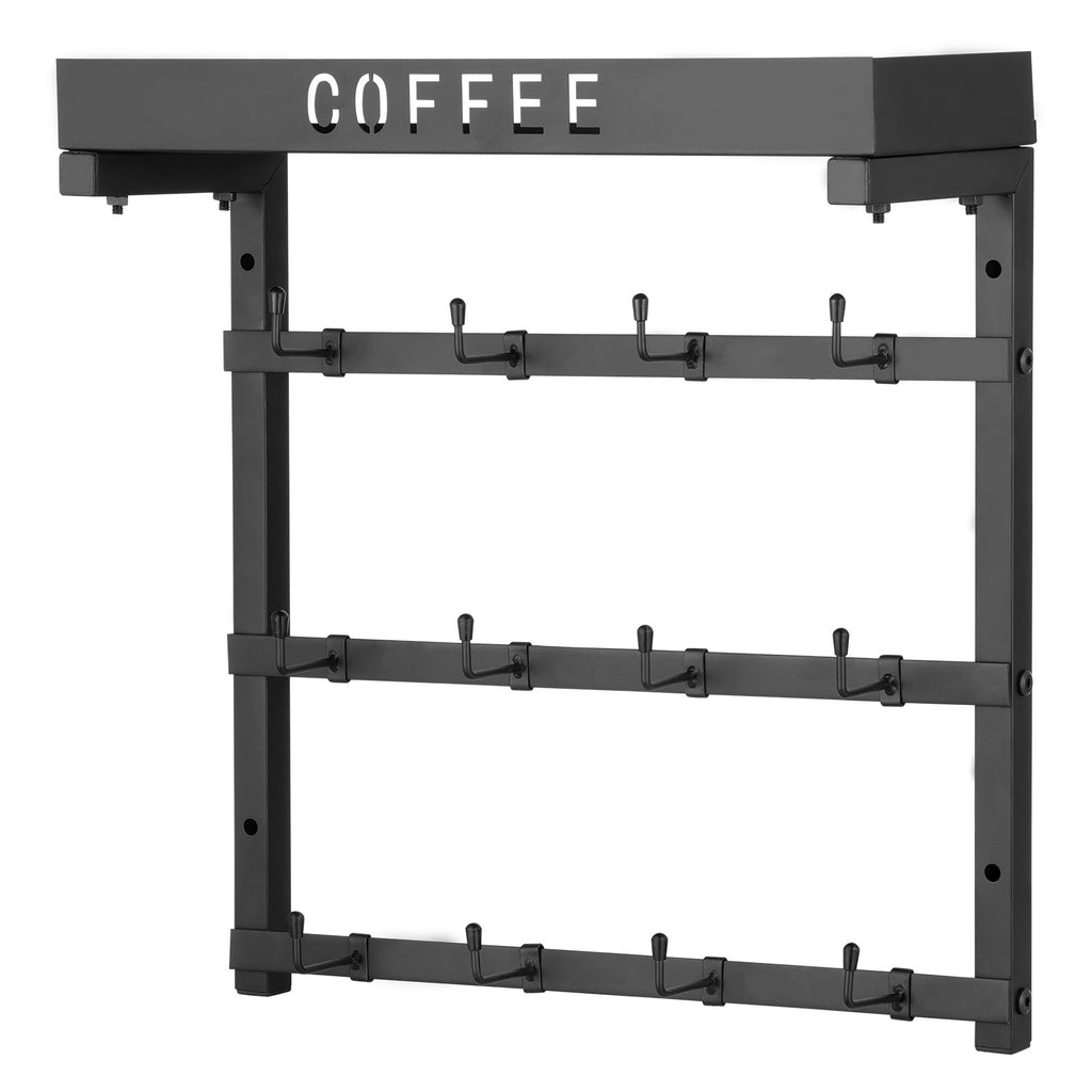 Coffee Mug Holder Wall Mounted w/ 12 Movable Hooks and Top Shelf Cup Rack