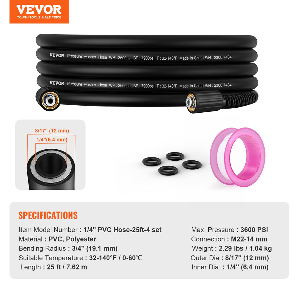 Pressure Washer Hose, 25 FT, 1/4" Kink Free M22-14mm Brass Thread Replacement For Most Brand Pressure Washers, 3/4'' Bending Radius, 3600 PSI Heavy Duty Power Washer Extension Replacement Hose