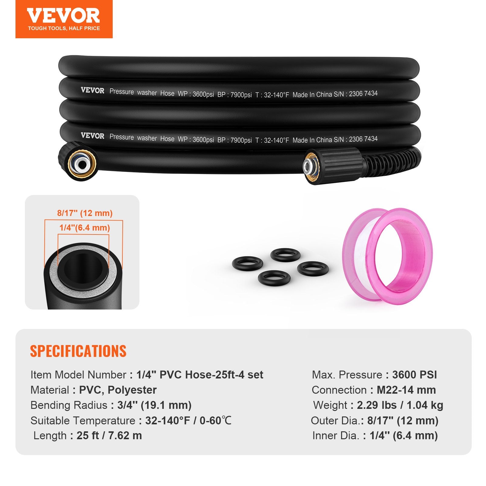 Pressure Washer Hose, 25 FT, 1/4" Kink Free M22-14mm Brass Thread Replacement For Most Brand Pressure Washers, 3/4'' Bending Radius, 3600 PSI Heavy Duty Power Washer Extension Replacement Hose