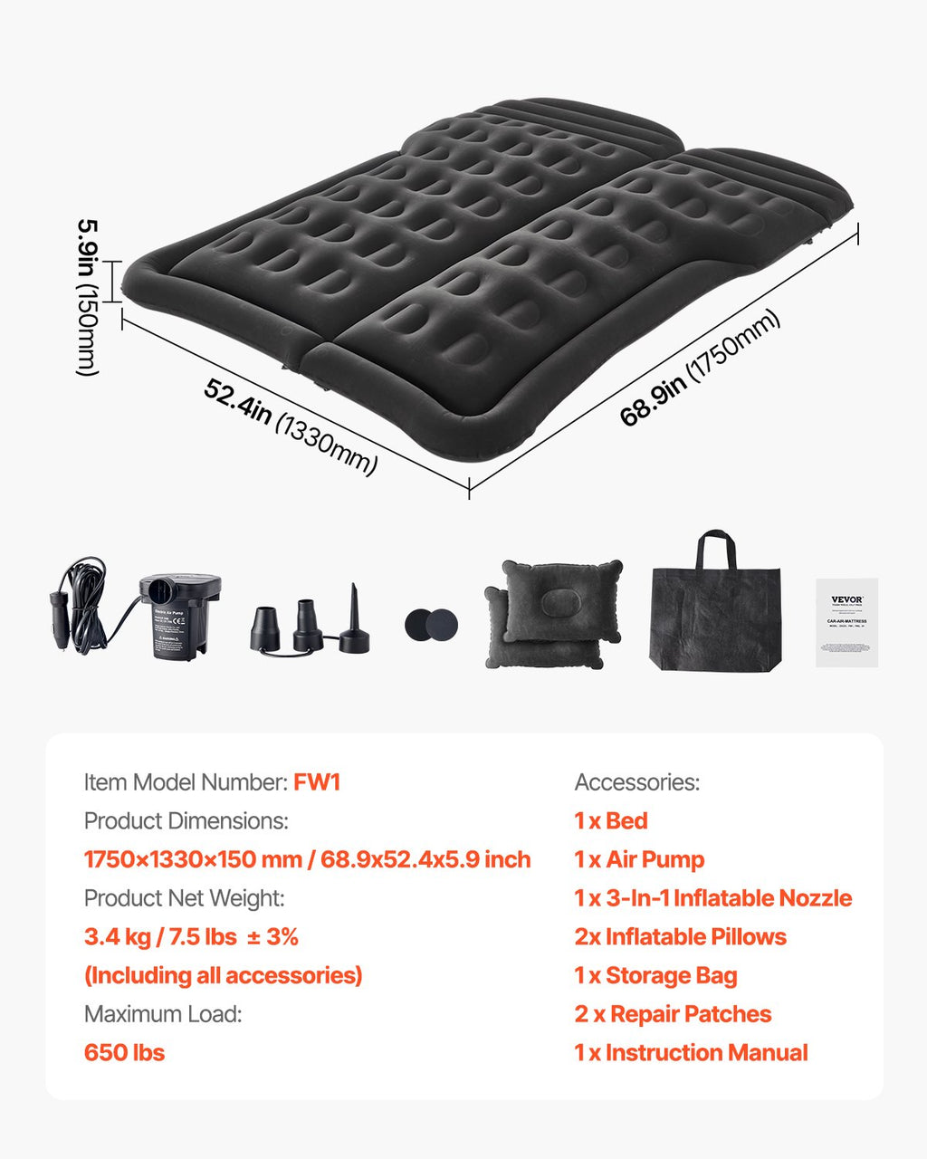 Car Air Mattress Inflatable Car Camping Travel Sleeping Bed SUV MPV Sedan