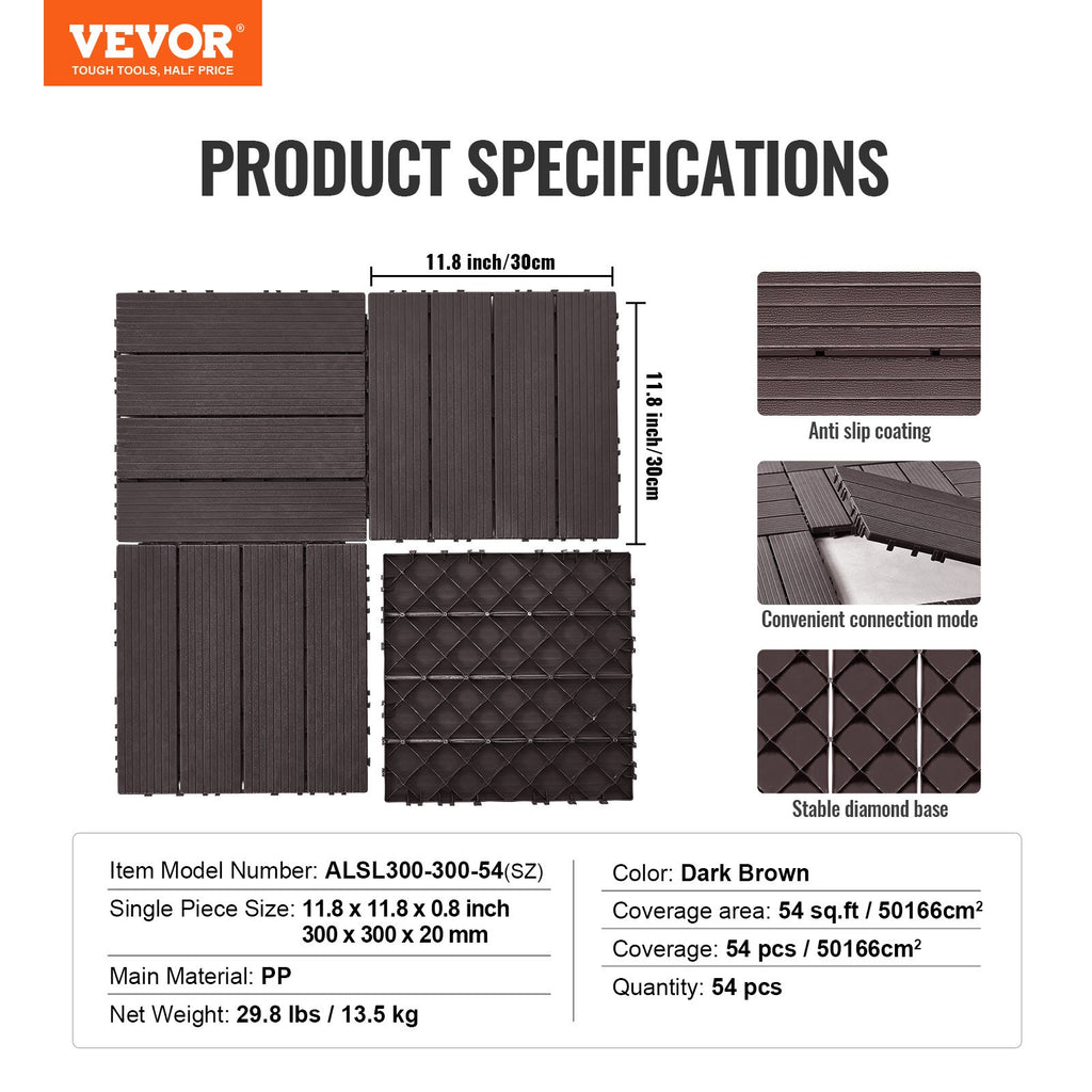 Interlocking Deck Tiles 54 Pack 12"x12" Waterproof for Porch Dark Brown
