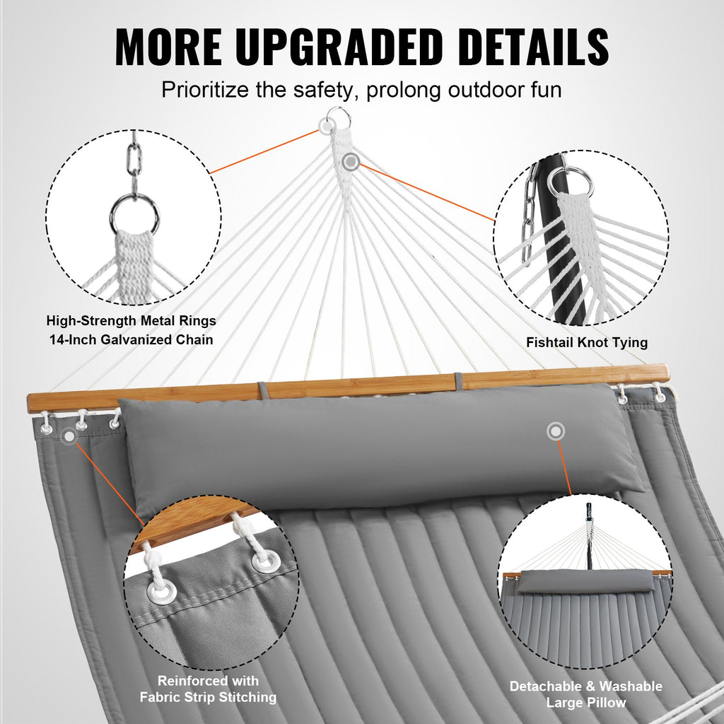 Double Quilted Fabric Hammock, 12 FT Double Hammock with Hardwood Spreader Bars, 2 Person Quilted Hammock with Detachable Pillow and Chains for Camping Outdoor Patio Yard Beach, 480 lbs Capacity
