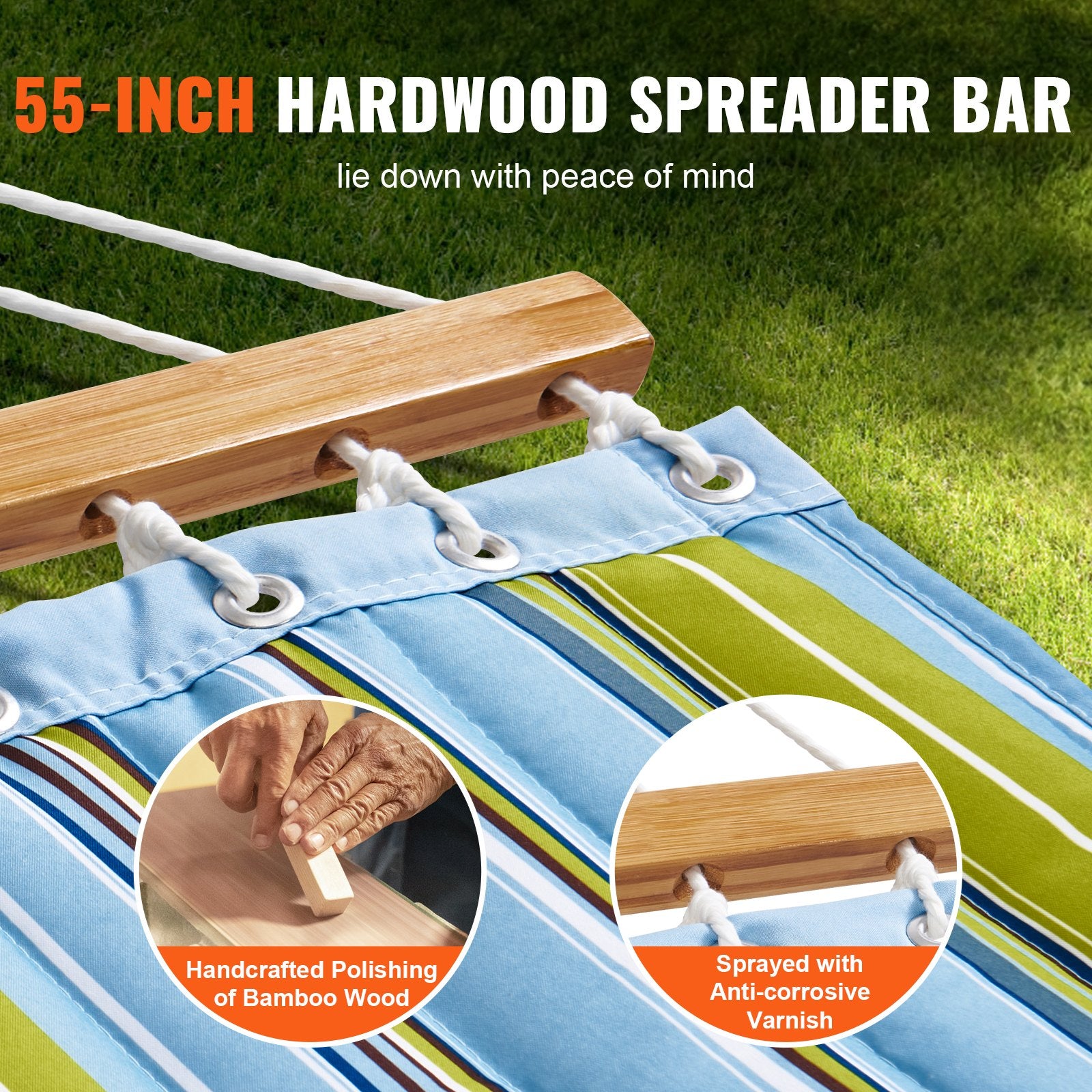 Double Quilted Fabric Hammock, 12 FT Double Hammock with Hardwood Spreader Bars, 2 Person Quilted Hammock with Detachable Pillow and Chains for Camping Outdoor Patio Yard Beach, 480 lbs Capacity