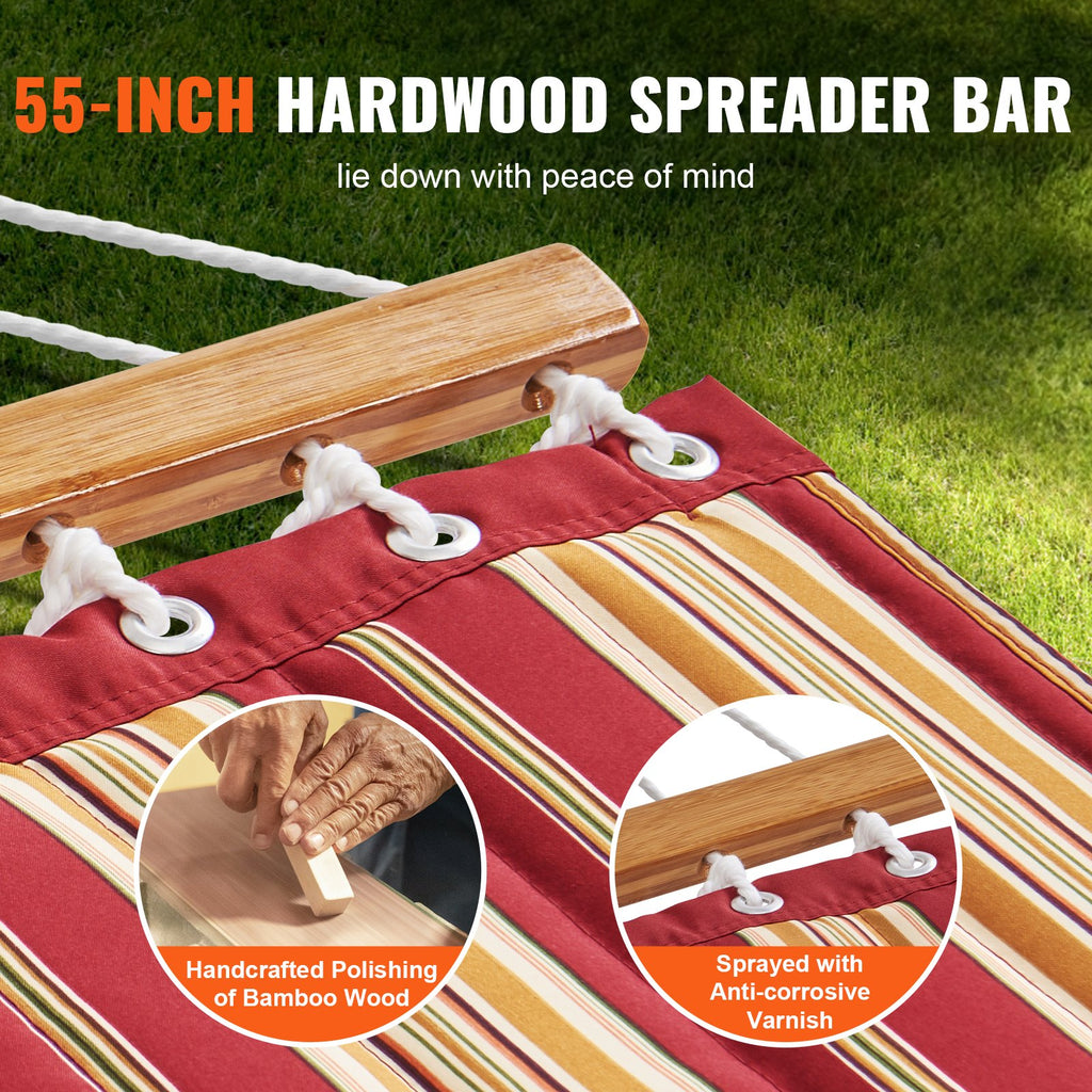 Double Quilted Fabric Hammock, 12 FT Double Hammock with Hardwood Spreader Bars, 2 Person Quilted Hammock with Detachable Pillow and Chains for Camping Outdoor Patio Yard Beach, 480 lbs Capacity
