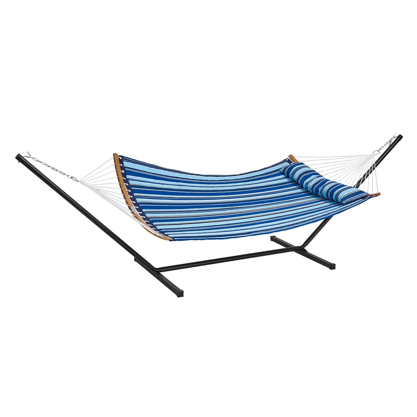 Two Person Hammock with Stand Included, Double Hammock with Curved Spreader Bar and Detachable Pillow and Portable Carrying Bag, Perfect for Outdoor Freestanding Hammock, 480lb Capacity