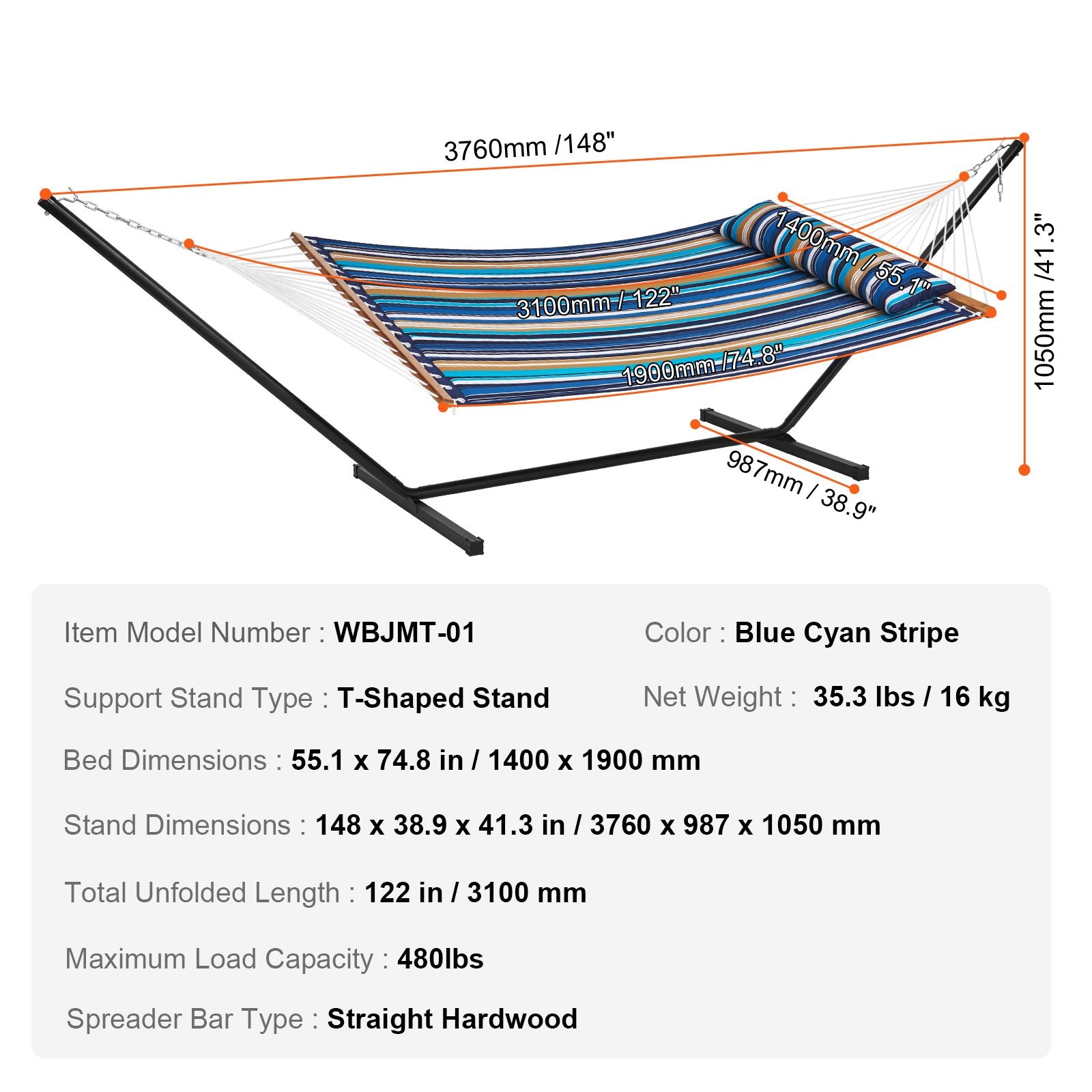Double Quilted Fabric Hammock Two Person Hammock with Stand 480lb Capacity
