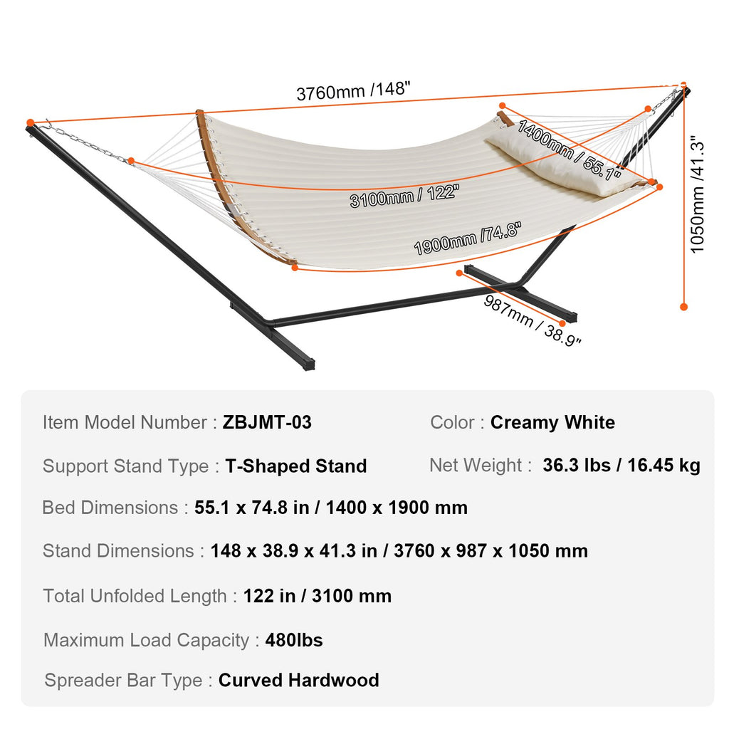 Two Person Hammock with Stand Included, Double Hammock with Curved Spreader Bar and Detachable Pillow and Portable Carrying Bag, Perfect for Outdoor Freestanding Hammock, 480lb Capacity