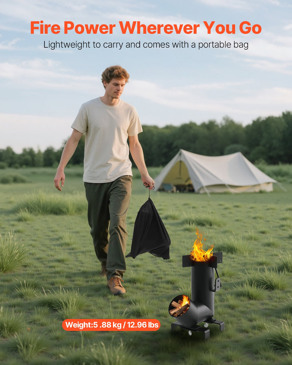 Camping Rocket Stove, Wood Burning Portable Rocket Stove with Carrying Bag for Backpacking, Carbon Steel, Burn Wood, Twigs or Sticks for Outdoor Cooking, Backyard, Camp Cooking, Heating, Black
