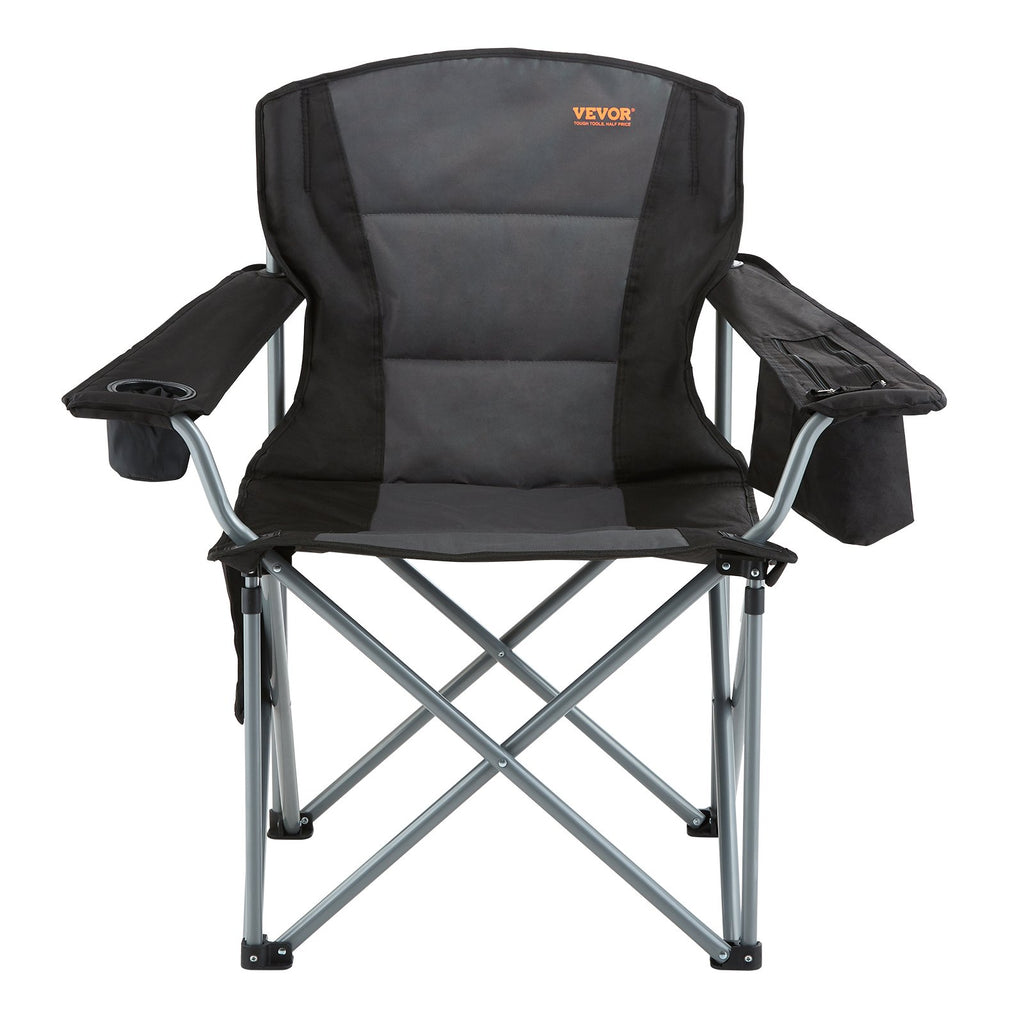 Camping Folding Chair for Adults, Portable Heavy Duty Outdoor Quad Lumbar Back Padded Arm Chairs with Side Pockets, Cup Holder and Cooler Bag for Beach, Lawn, Picnic, Fishing, Backpacking, Black