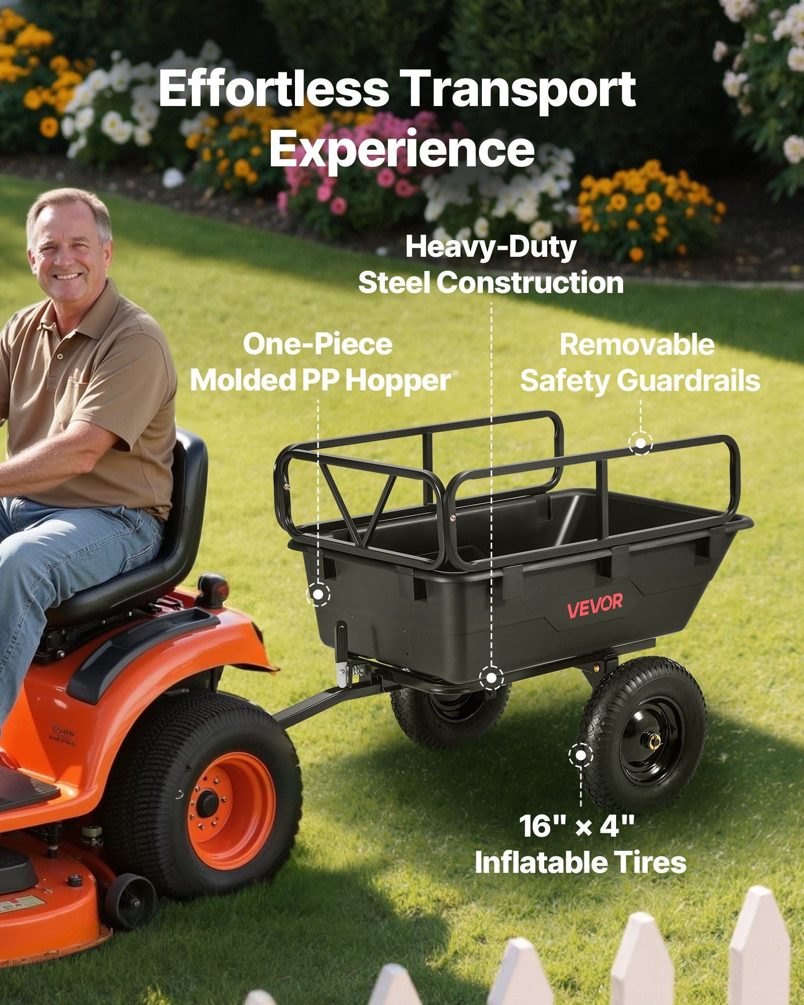 Garden Utility Trailer, 10 Cu. Ft 227 kg, ATV UTV Hauling Trailer, Tow Behind Poly Dump Cart with 16" Tires, Hand Pull or Foot Pedal, Heavy Duty Yard Trailers for Lawn Mower Tractor Garden Waste