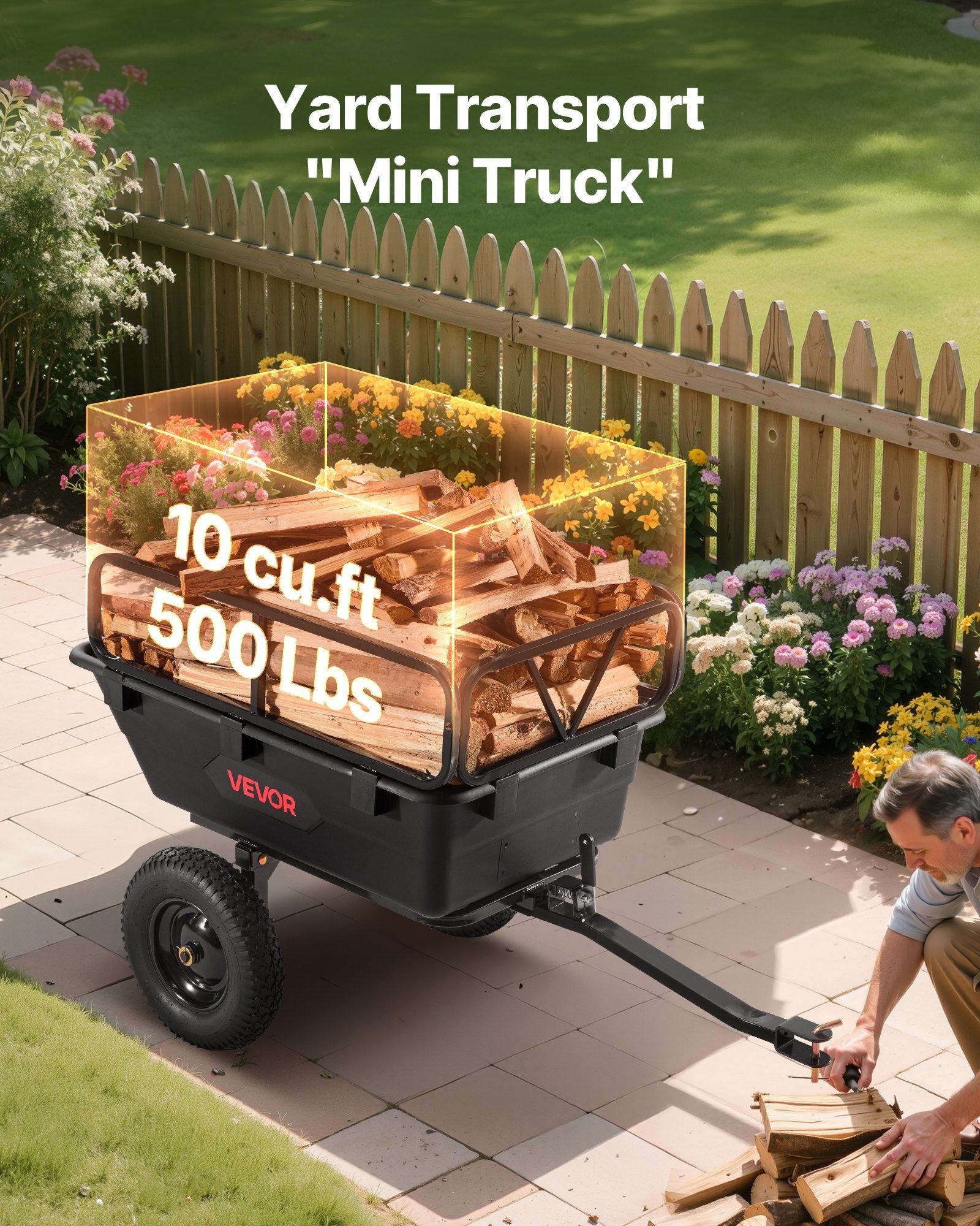 Garden Utility Trailer, 10 Cu. Ft 227 kg, ATV UTV Hauling Trailer, Tow Behind Poly Dump Cart with 16" Tires, Hand Pull or Foot Pedal, Heavy Duty Yard Trailers for Lawn Mower Tractor Garden Waste