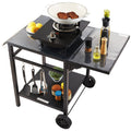 Outdoor Grill Dining Cart with Double-Shelf, 55*55cm BBQ Movable Food Prep Table, Multifunctional Foldable Iron Table Top, Portable Modular Carts for Pizza Oven, Worktable with 2 Wheels, Carry Handle