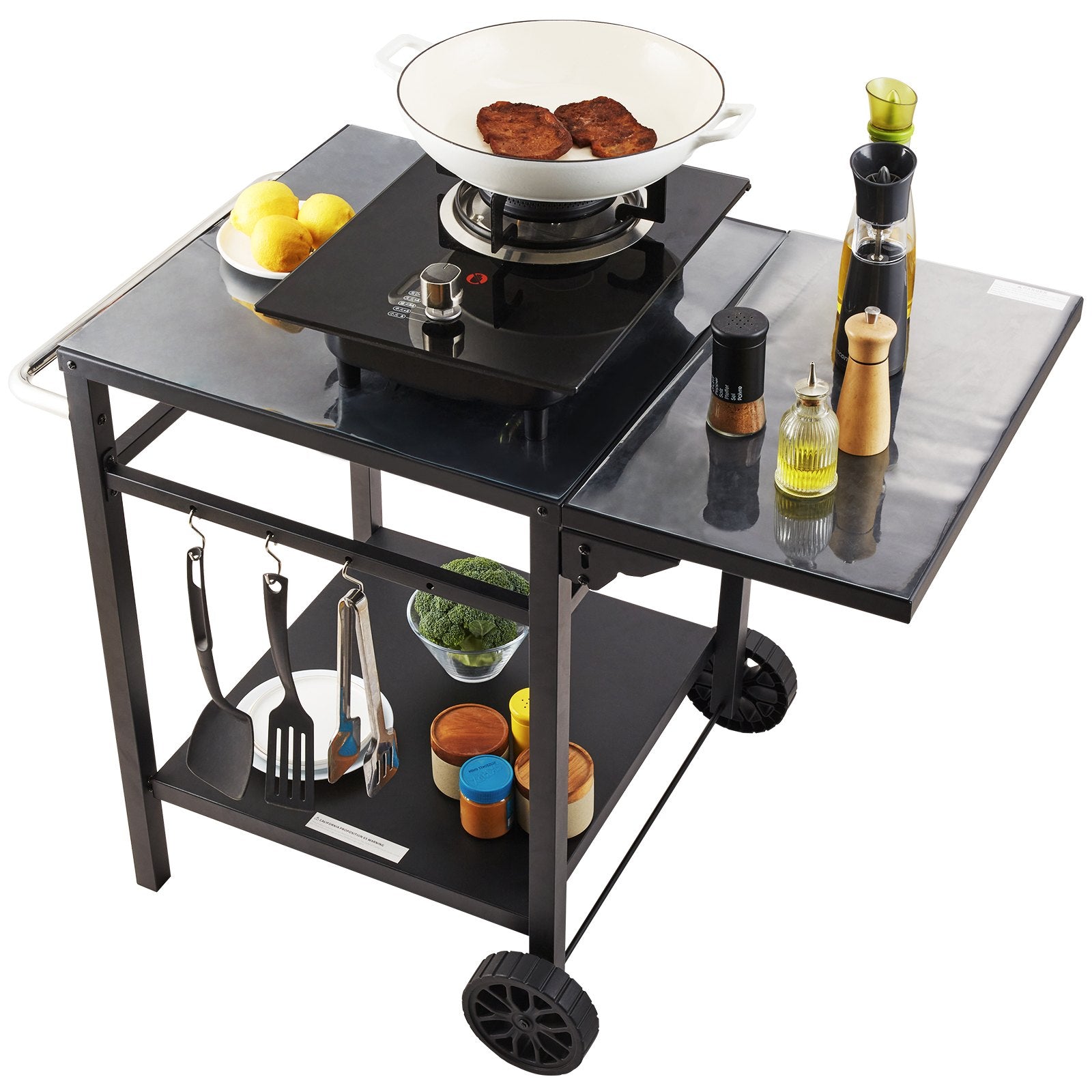 Outdoor Grill Dining Cart with Double-Shelf, 55*55cm BBQ Movable Food Prep Table, Multifunctional Foldable Iron Table Top, Portable Modular Carts for Pizza Oven, Worktable with 2 Wheels, Carry Handle