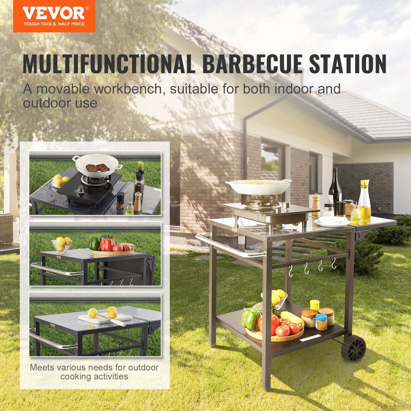 Outdoor Grill Dining Cart with Double-Shelf, 55*55cm BBQ Movable Food Prep Table, Multifunctional Foldable Iron Table Top, Portable Modular Carts for Pizza Oven, Worktable with 2 Wheels, Carry Handle