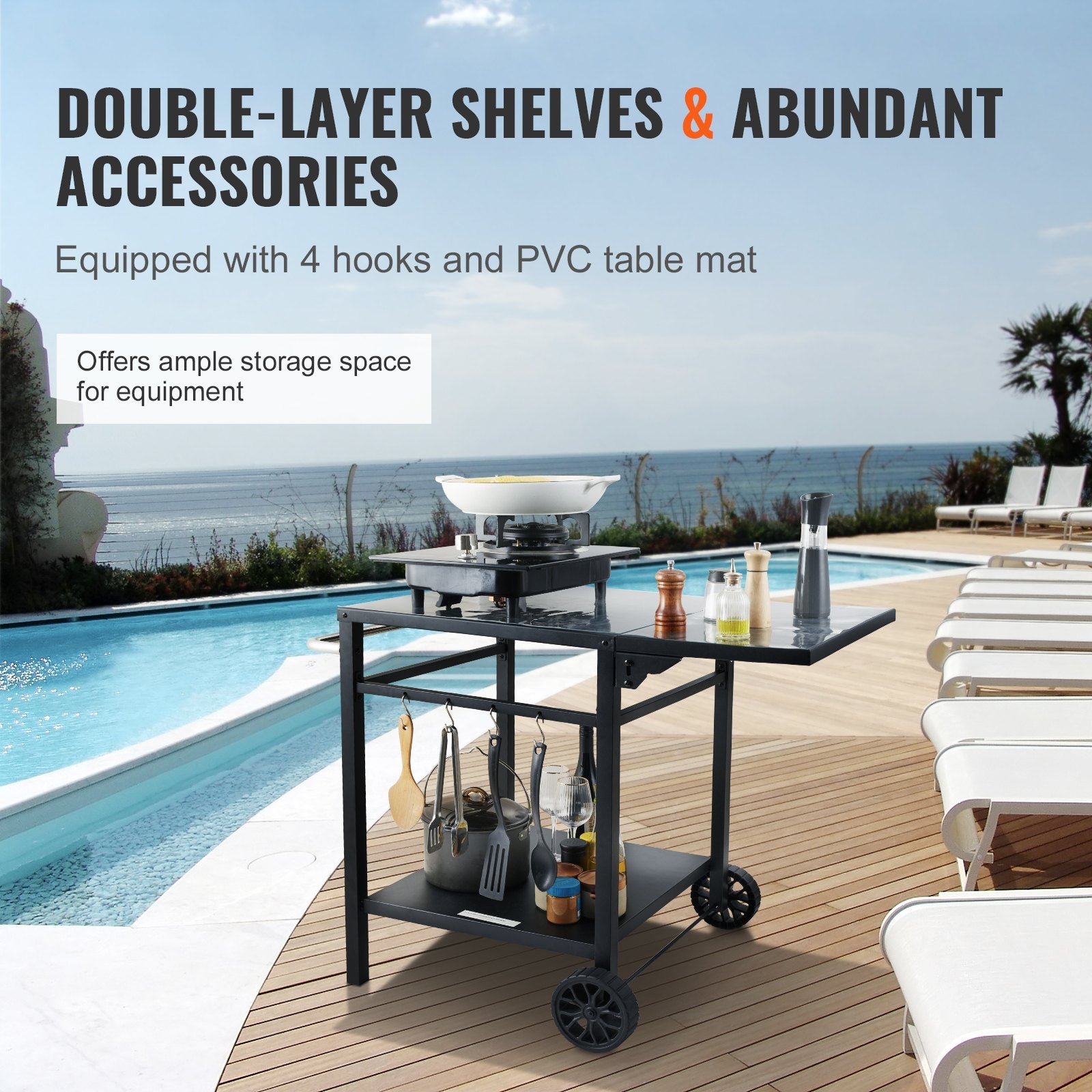Outdoor Grill Dining Cart with Double-Shelf, 55*55cm BBQ Movable Food Prep Table, Multifunctional Foldable Iron Table Top, Portable Modular Carts for Pizza Oven, Worktable with 2 Wheels, Carry Handle