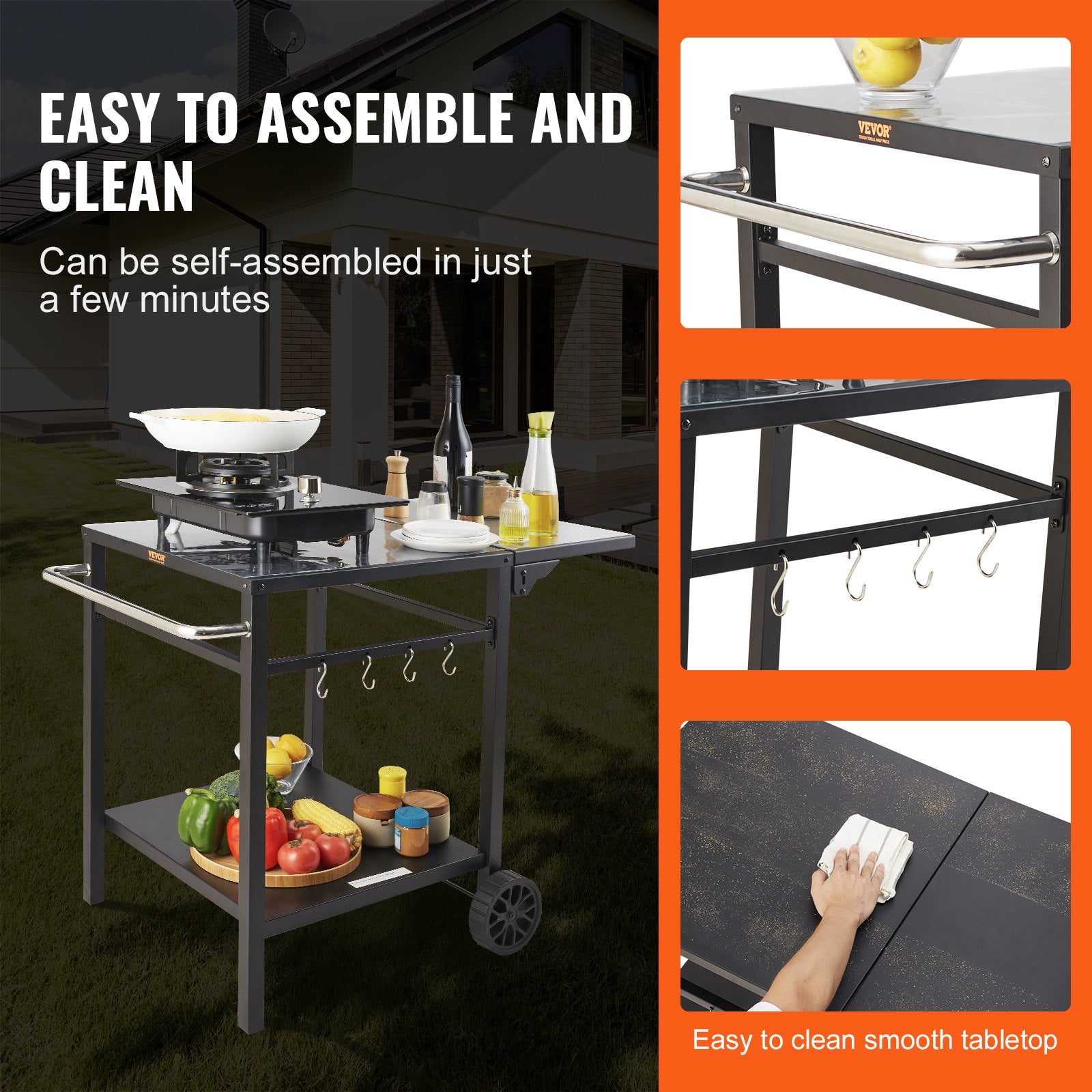 Outdoor Grill Dining Cart with Double-Shelf, 55*55cm BBQ Movable Food Prep Table, Multifunctional Foldable Iron Table Top, Portable Modular Carts for Pizza Oven, Worktable with 2 Wheels, Carry Handle